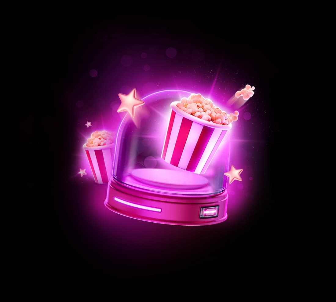 The Pop jar: popcorn and stars under a glass dome, glowing pink