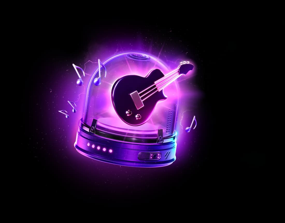 The Rock jar: a guitar and notes under a glass dome, glowing purple