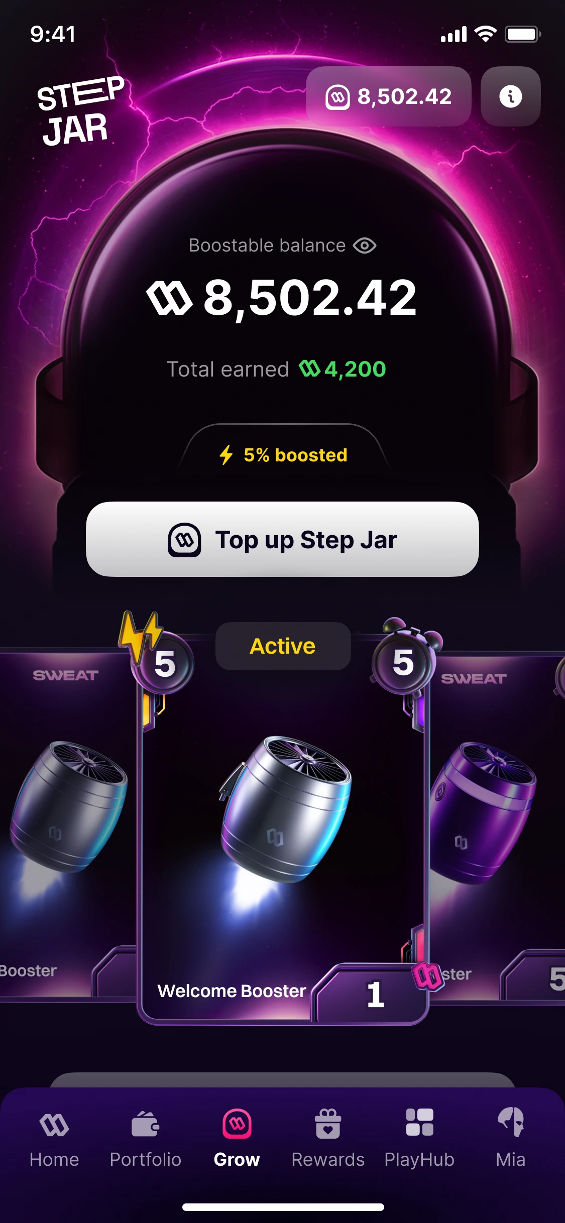 Step Jar: a boostable balance of 8,502.42, 4,200 earned, a Top up Step Jar button, and the jar's boosters under it
