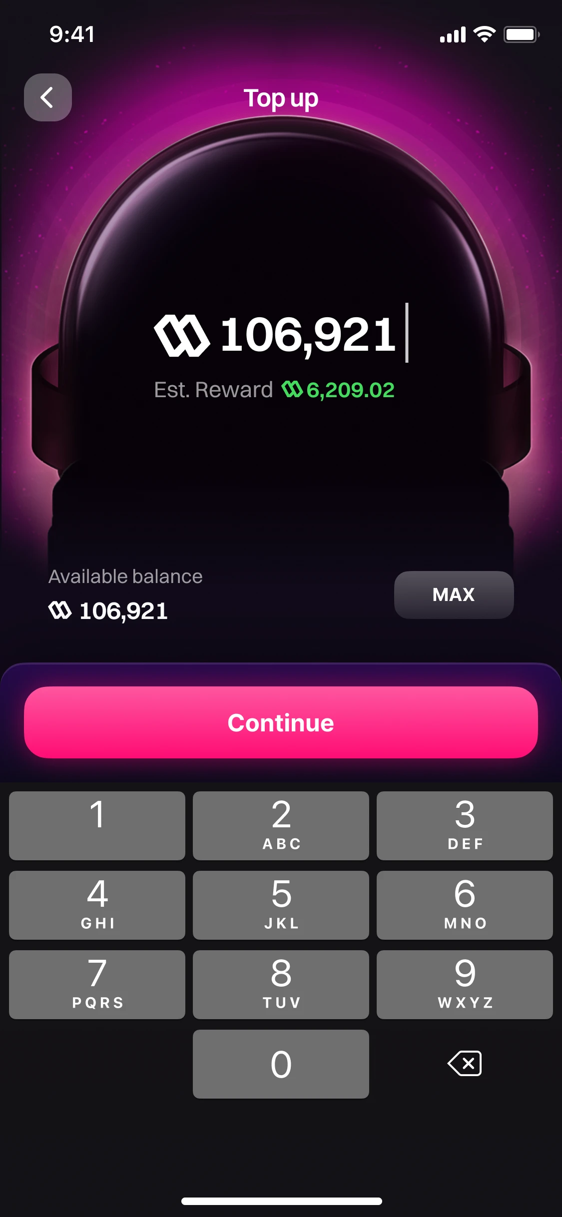Top up: 106,921 typed on a number pad, the estimated reward under it, the available balance and a Continue button