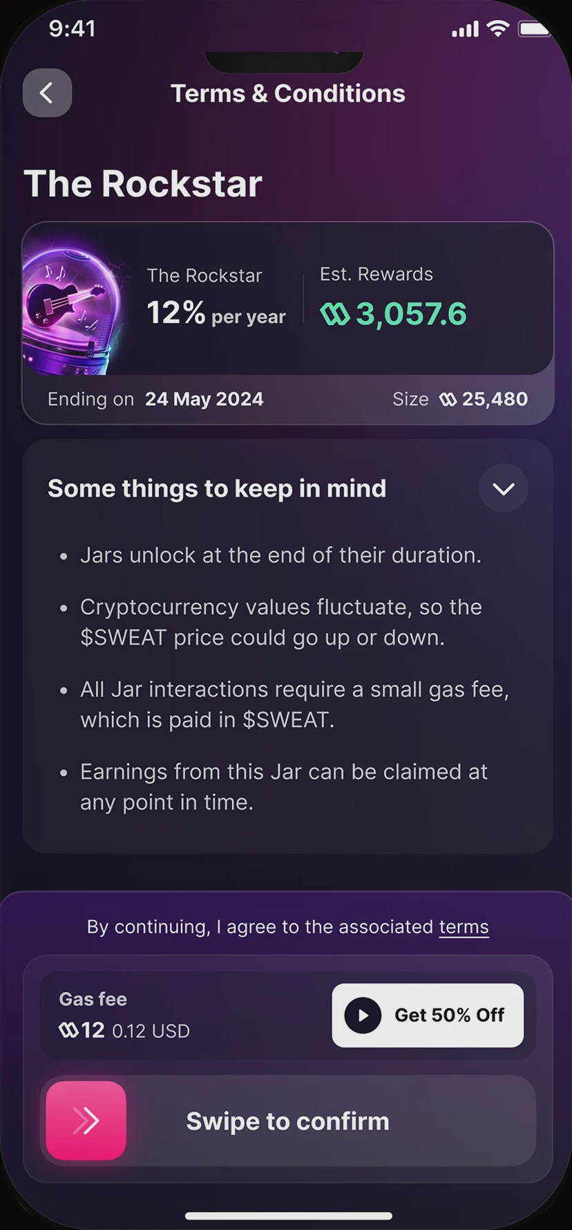 A jar's terms and conditions: beside the gas fee, a Get 50% off button