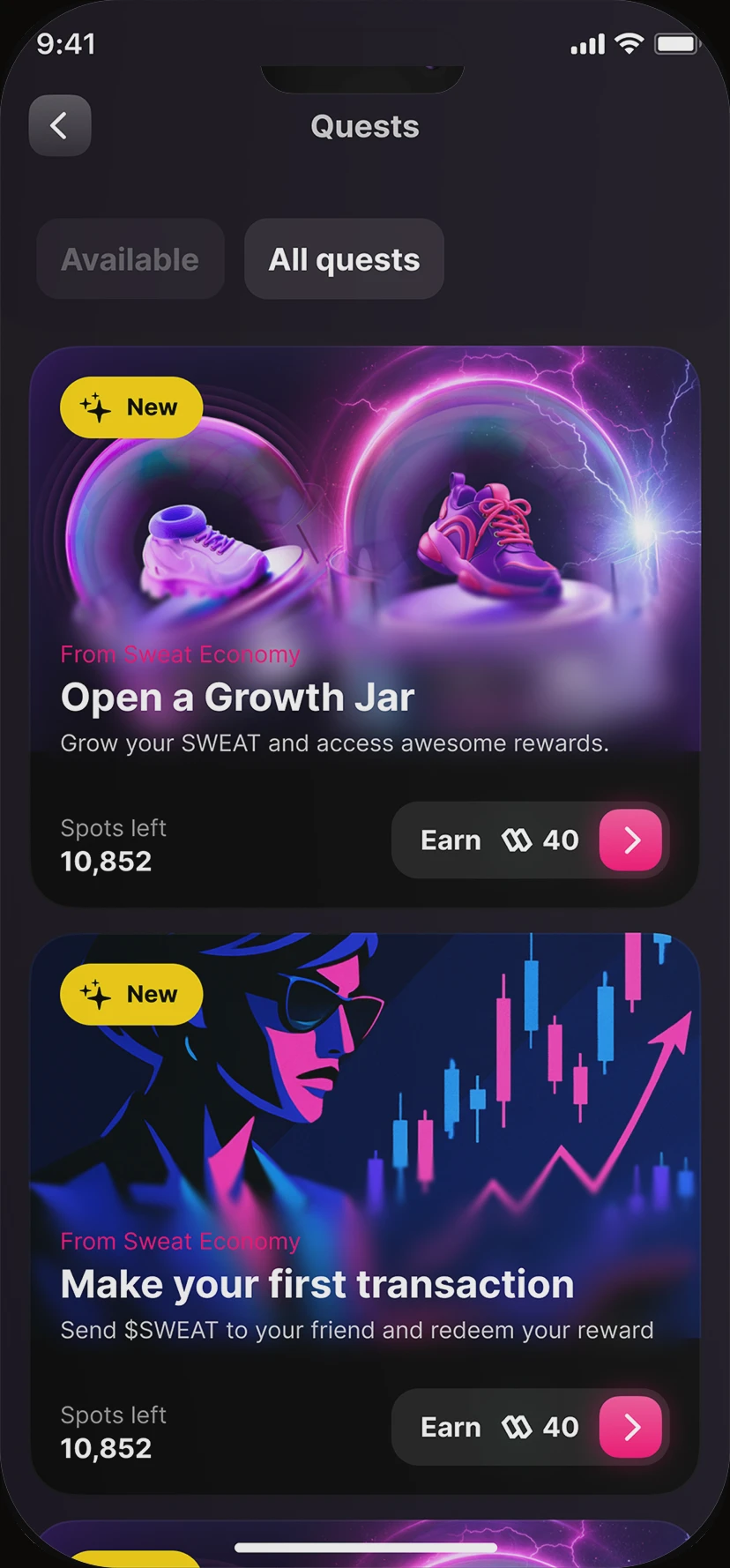 Quests: Open a Growth Jar and Make your first transaction, each earning 40 SWEAT