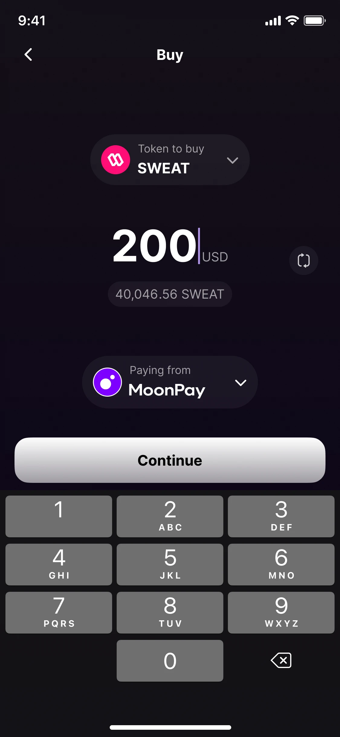 Buy: 200 USD of SWEAT typed on the same number pad, paying from MoonPay