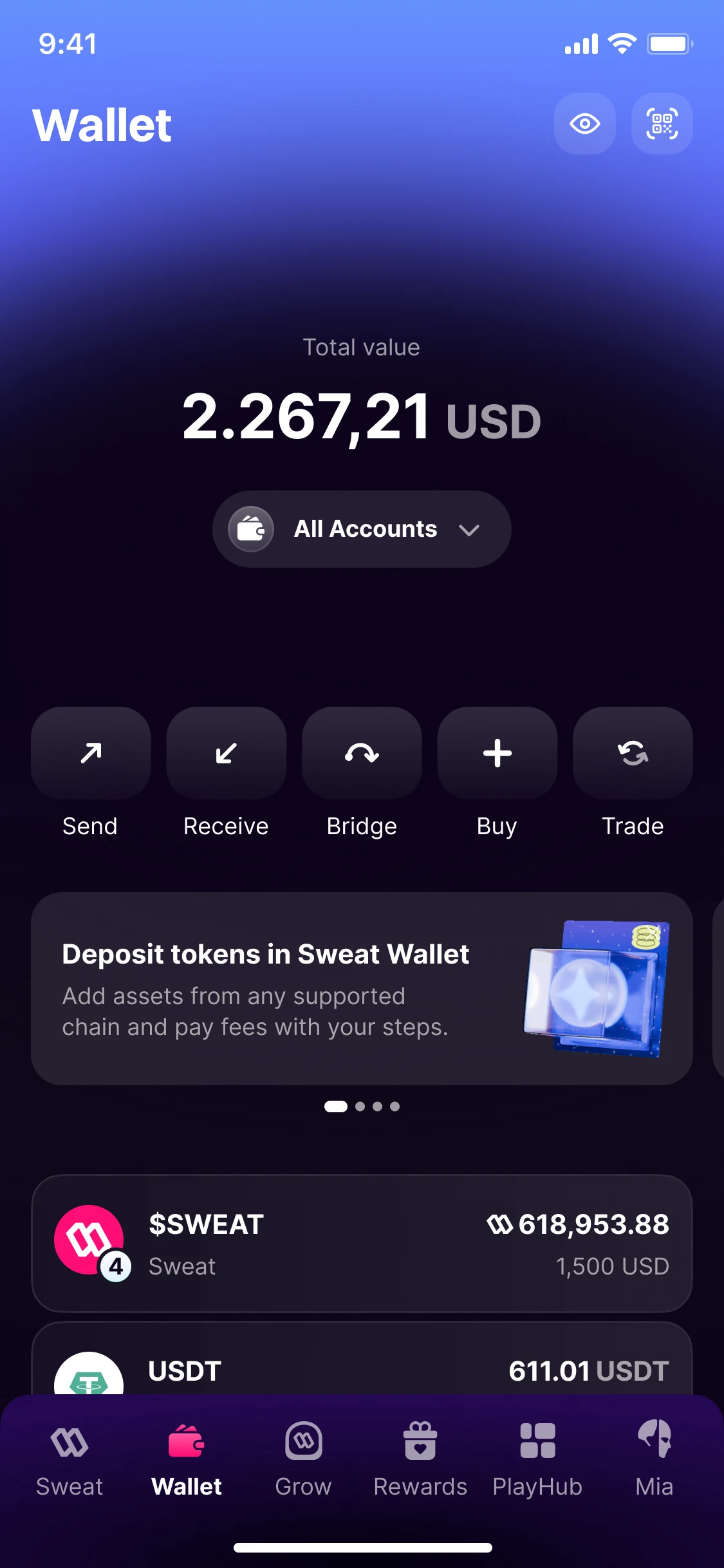 Wallet: a total value of 2.267,21 USD, Send, Receive, Bridge, Buy and Trade, and the tokens held
