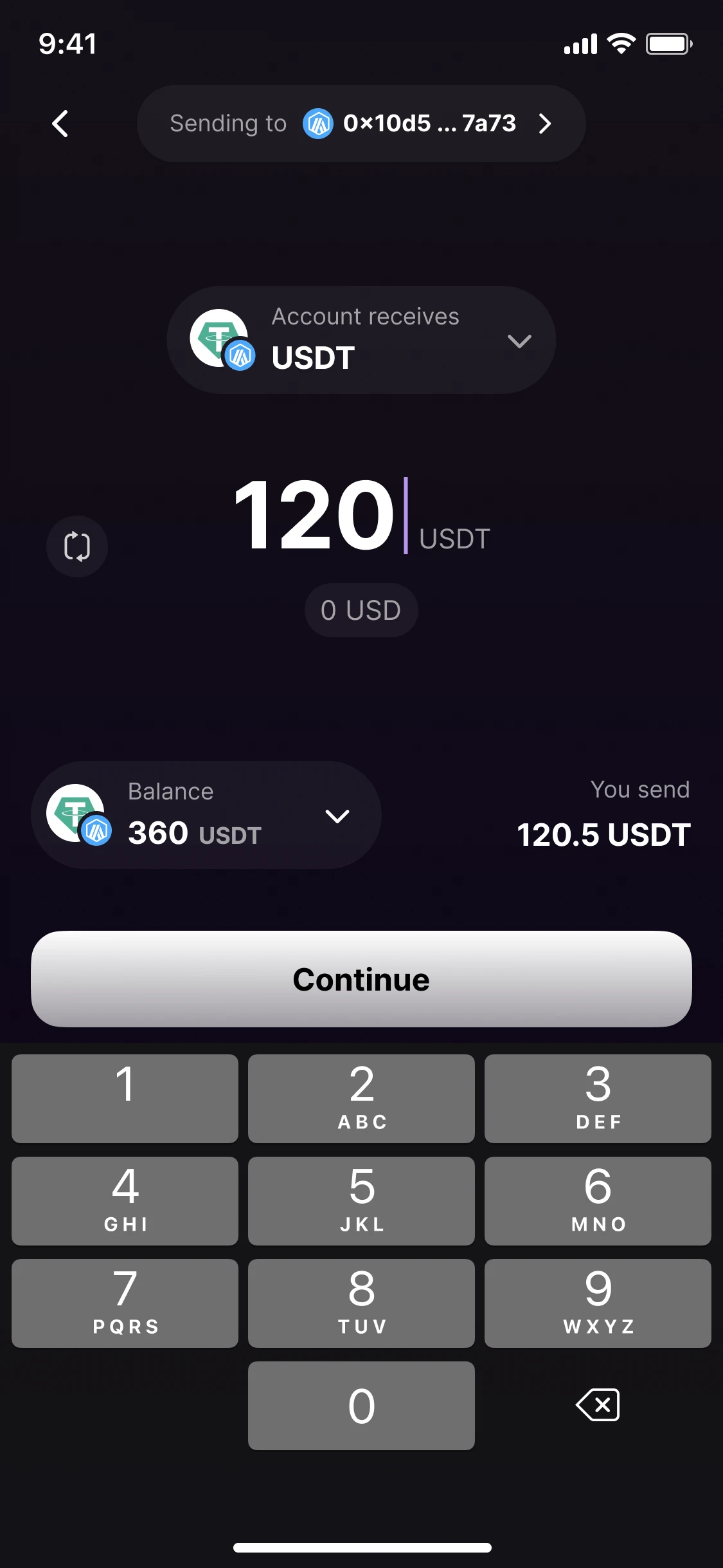 Sending: 120 USDT typed on a number pad, the balance and a Continue button