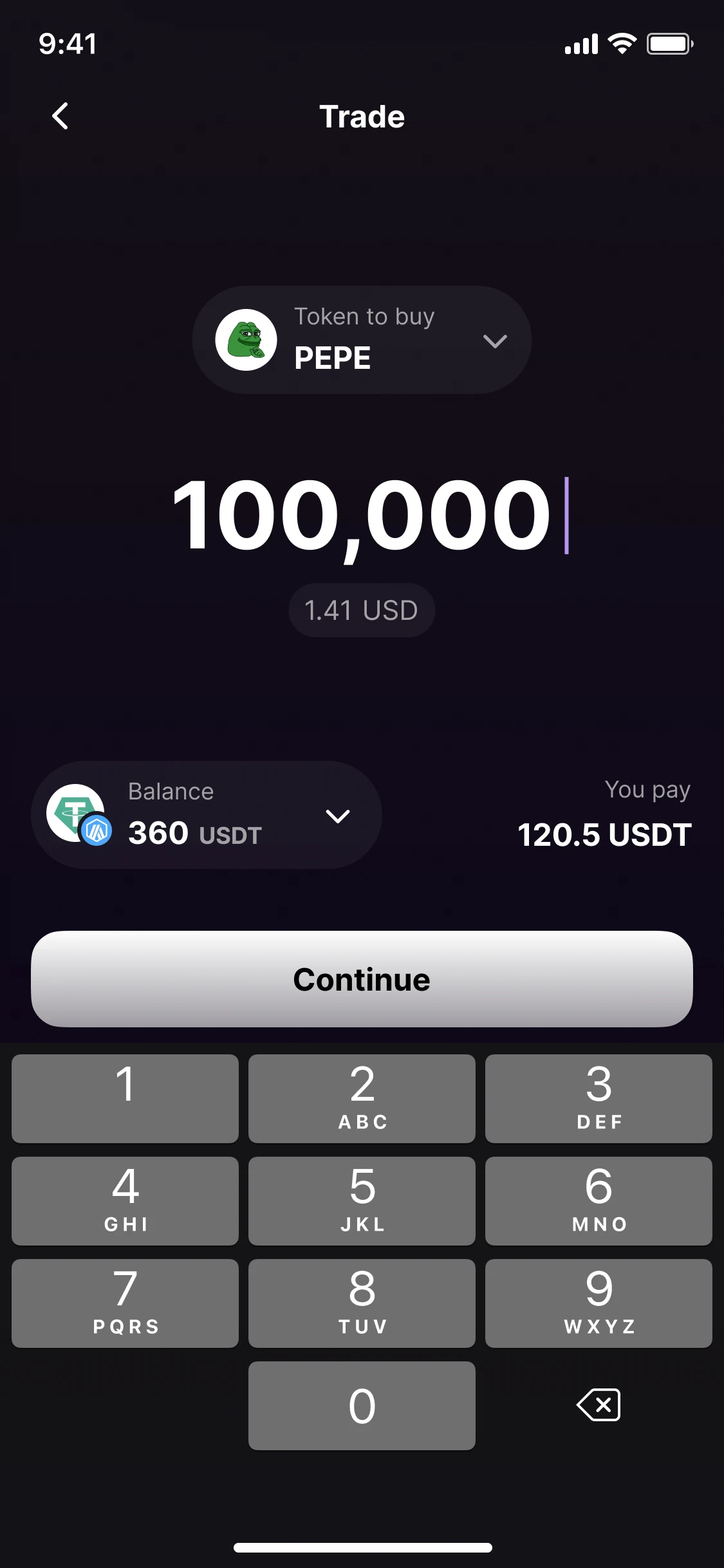 Trade: 100,000 PEPE typed on the same number pad, what is paid under it