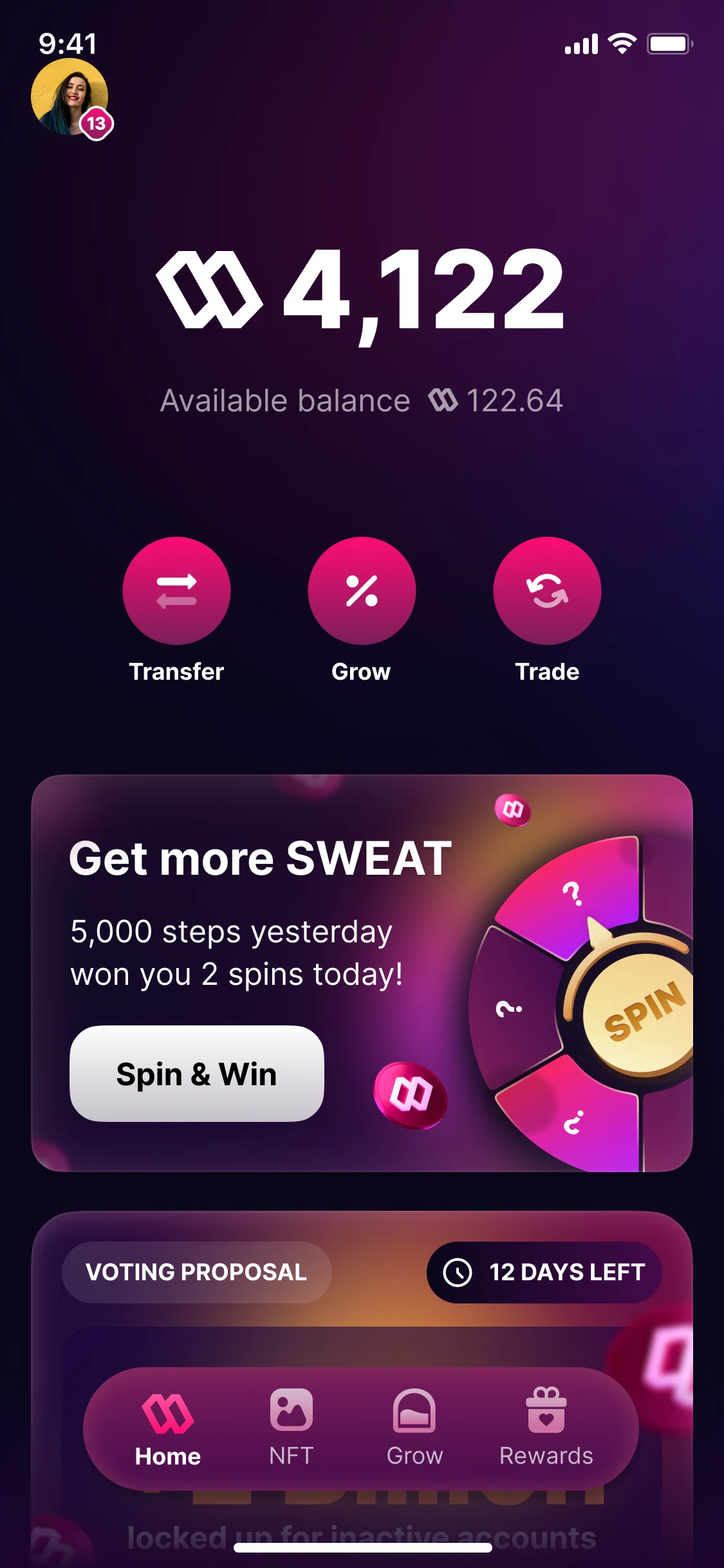 Home, version 1: the balance, three round actions (Transfer, Grow, Trade), a Spin and Win card and a voting proposal; a floating bar of four tabs