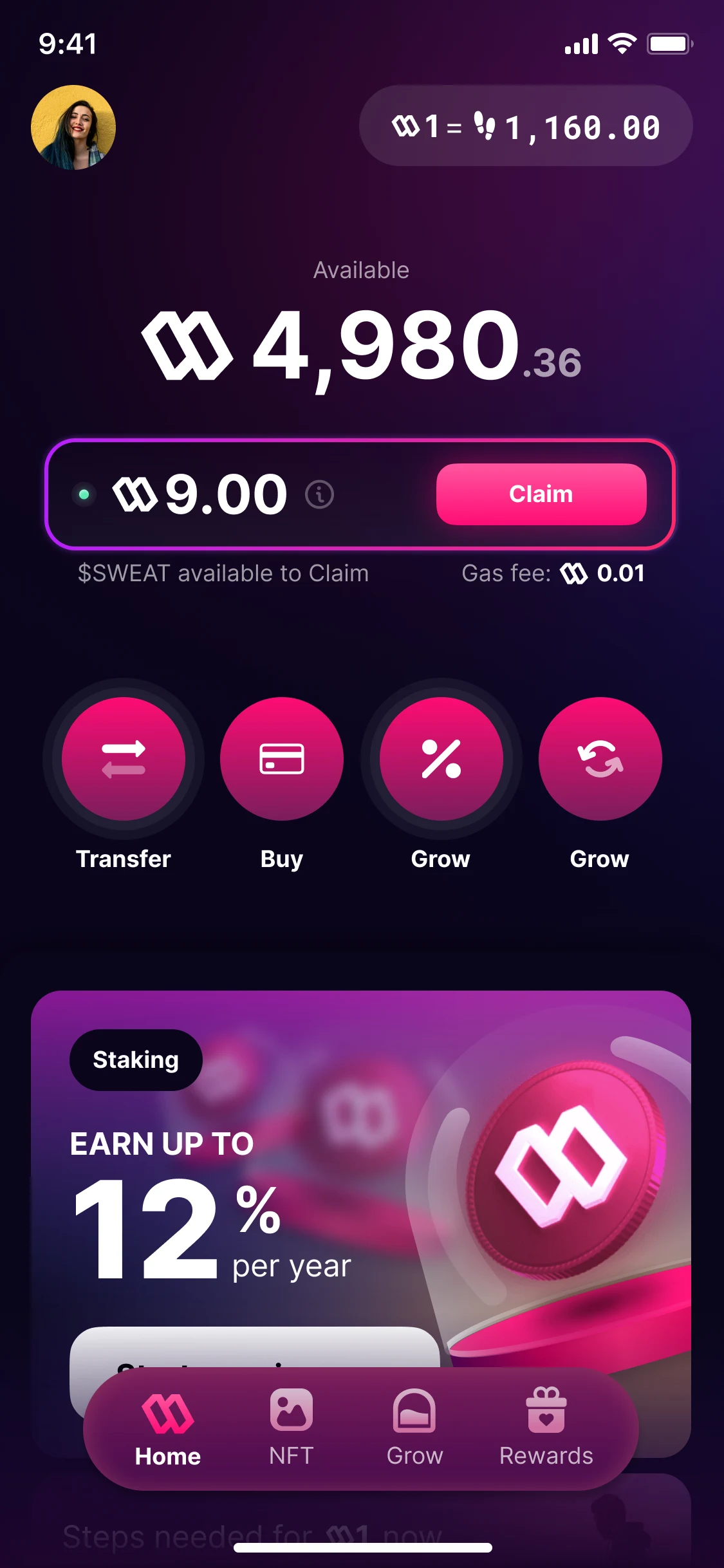 Home, version 2: the available balance, $SWEAT to claim with its gas fee, four round actions, and a staking card; a floating bar of four tabs
