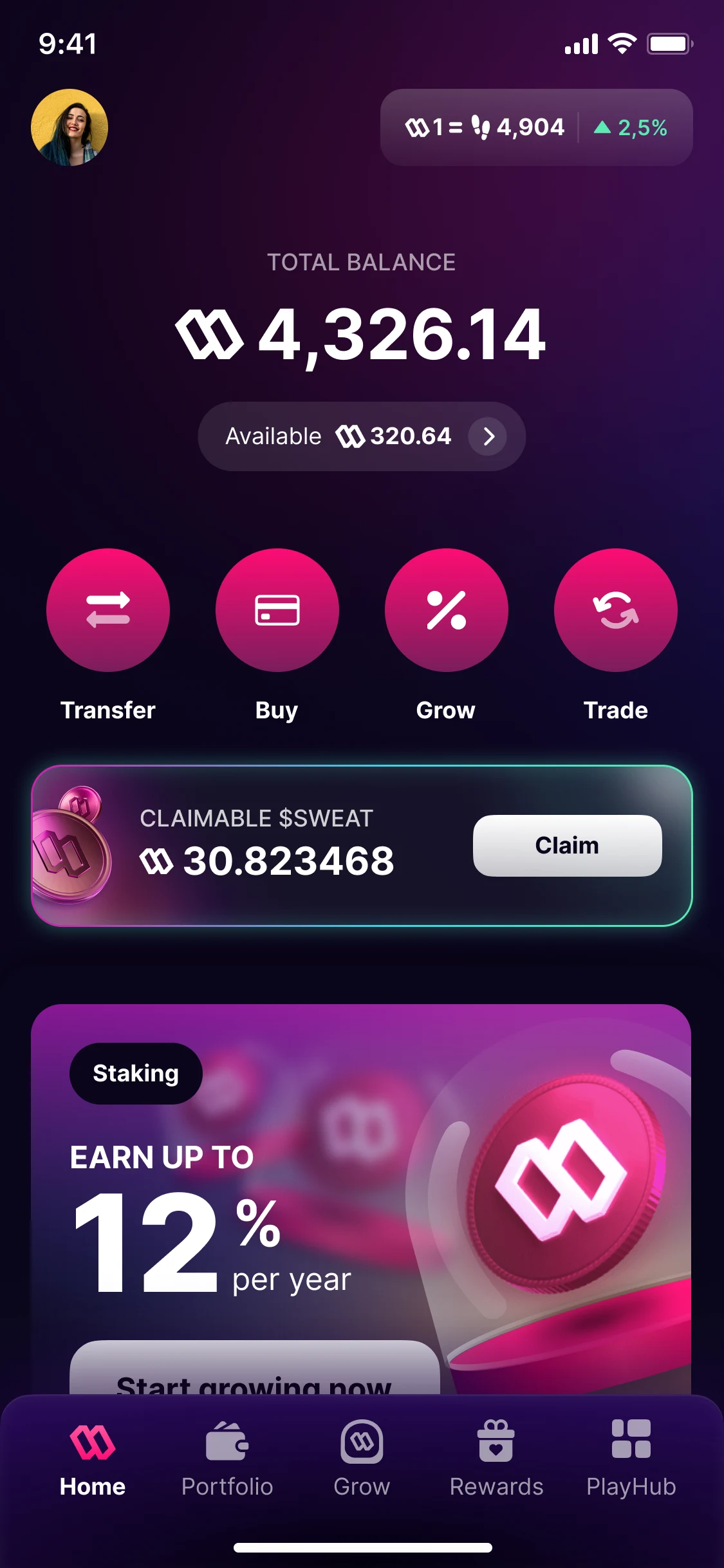 Home, version 3: the total balance and what is available, four round actions (Transfer, Buy, Grow, Trade), claimable $SWEAT, and a staking card; a tab bar across the foot