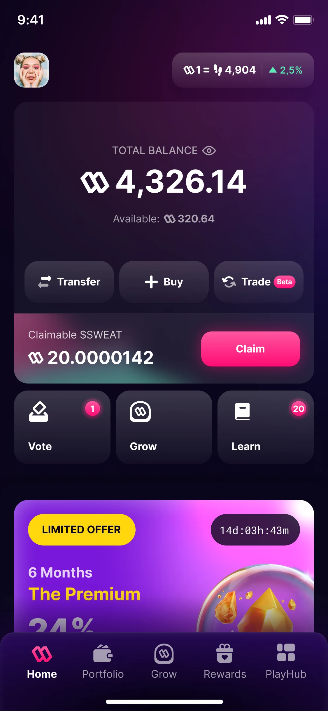 Home, version 4: the balance in a card with Transfer, Buy and Trade, claimable $SWEAT with Claim, Vote, Grow and Learn, and a limited offer