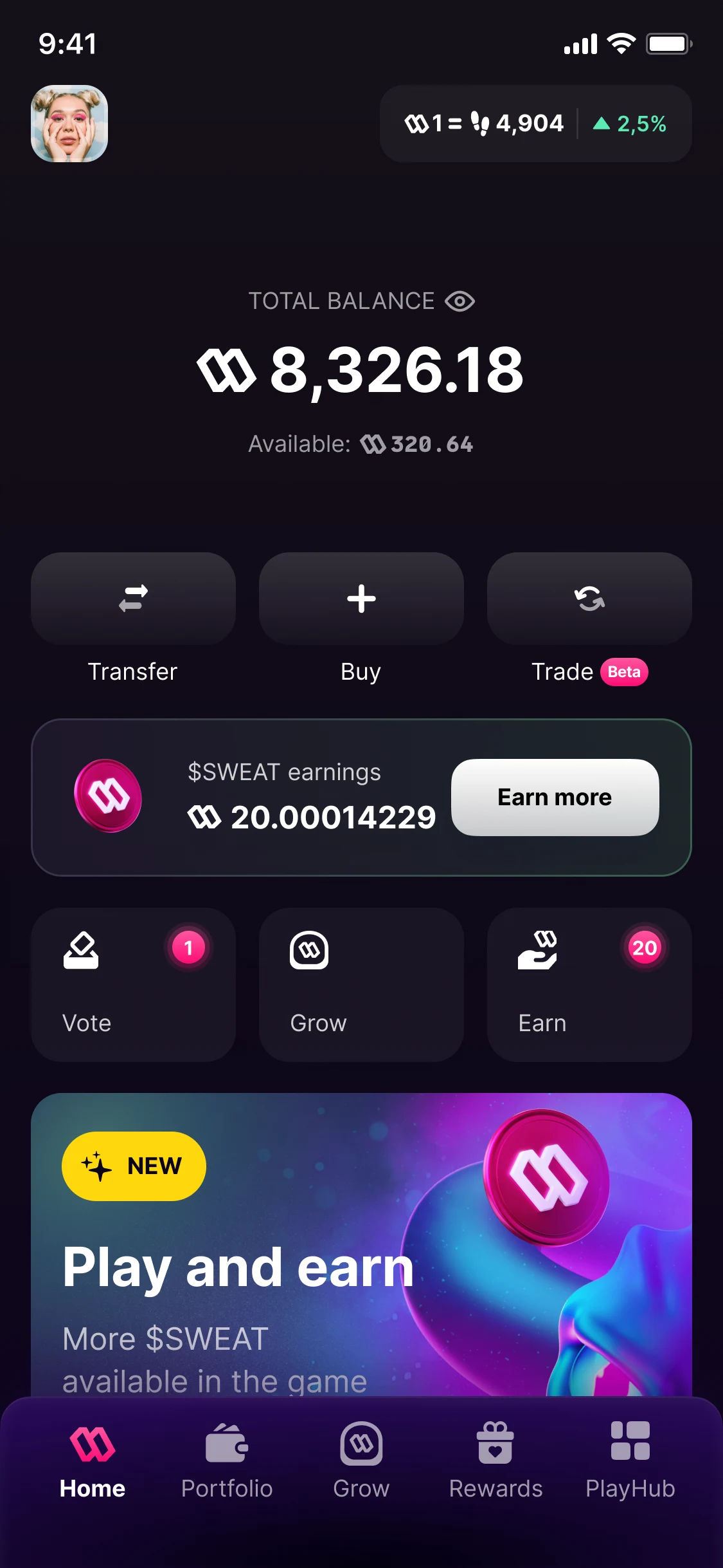 Home, version 5: the total balance, three actions (Transfer, Buy, Trade), $SWEAT earnings with Earn more, Vote, Grow and Earn, and a Play and earn card