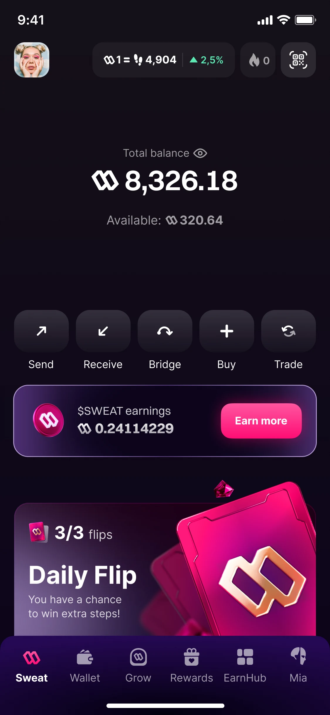 Sweat Wallet's home screen, the live version