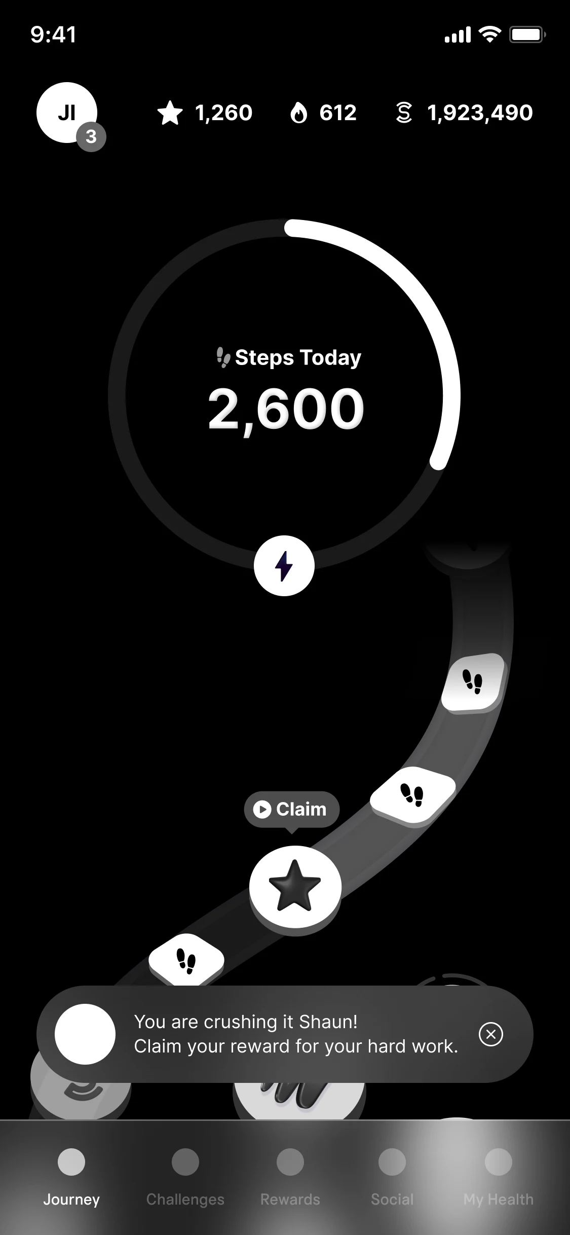 Home as a journey: 2,600 steps today in a ring over a winding path of footsteps, a star to claim on it, and a note to claim the reward