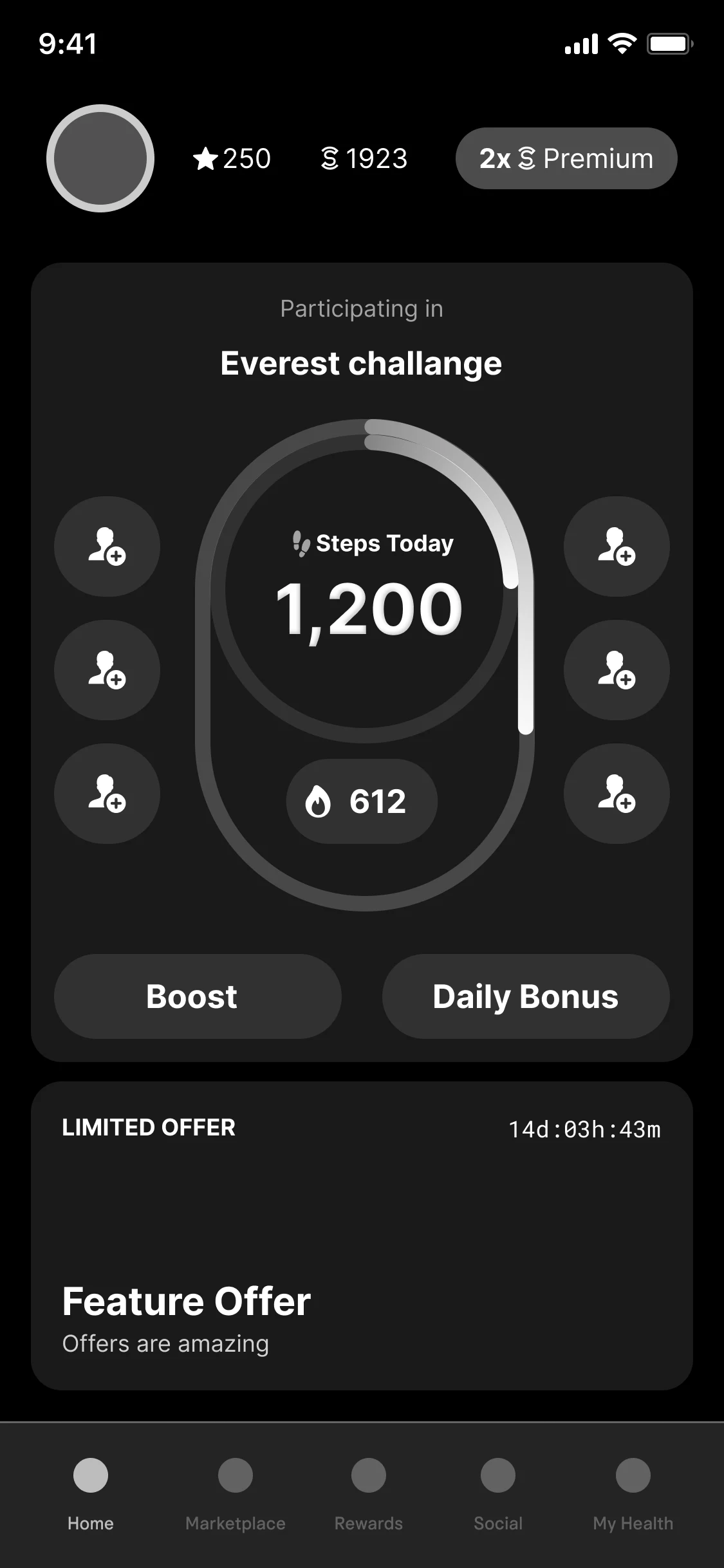 Home with a challenge: Everest challange, 1,200 steps today in a ring with a streak of 612, friends to add either side, Boost and Daily Bonus, and a limited offer under it