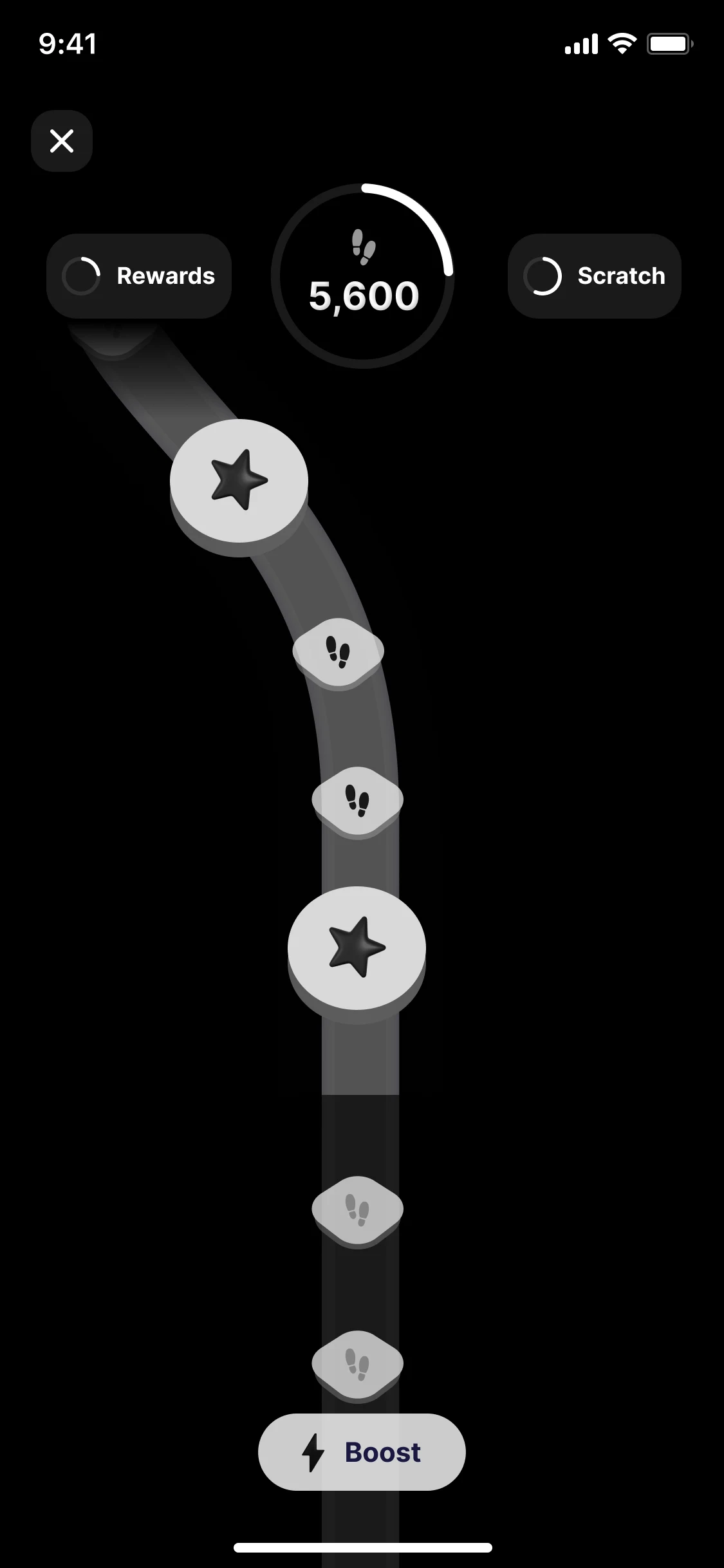 A path of stars and footsteps under the day's 5,600 steps, Rewards and Scratch beside the count, and a Boost button