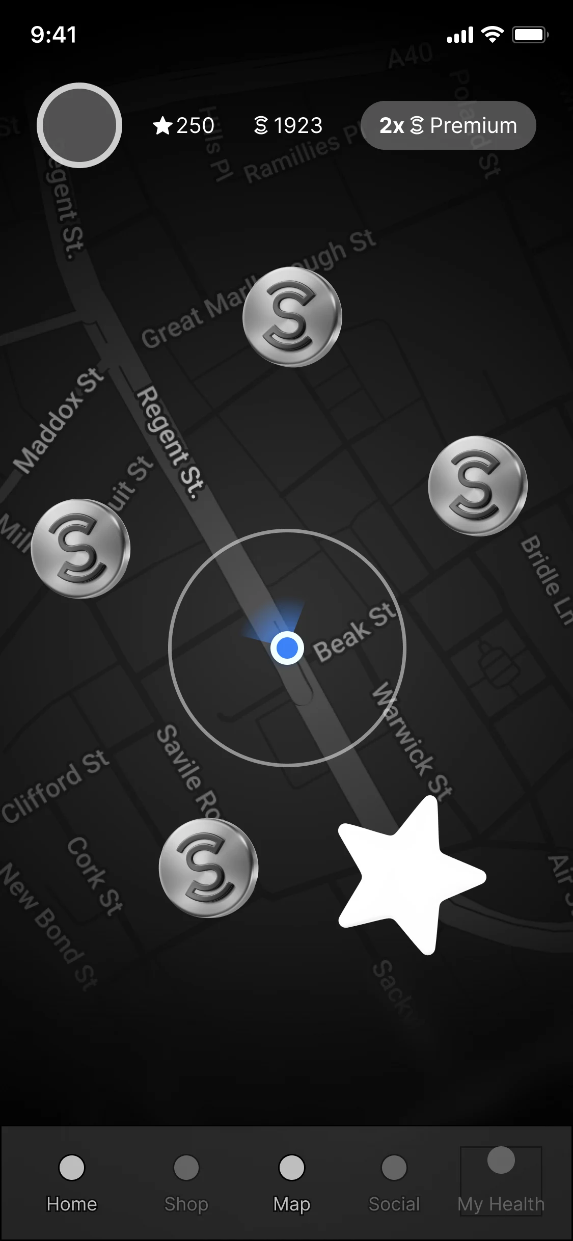 A map: Sweatcoins to pick up on the streets round the walker, and a star