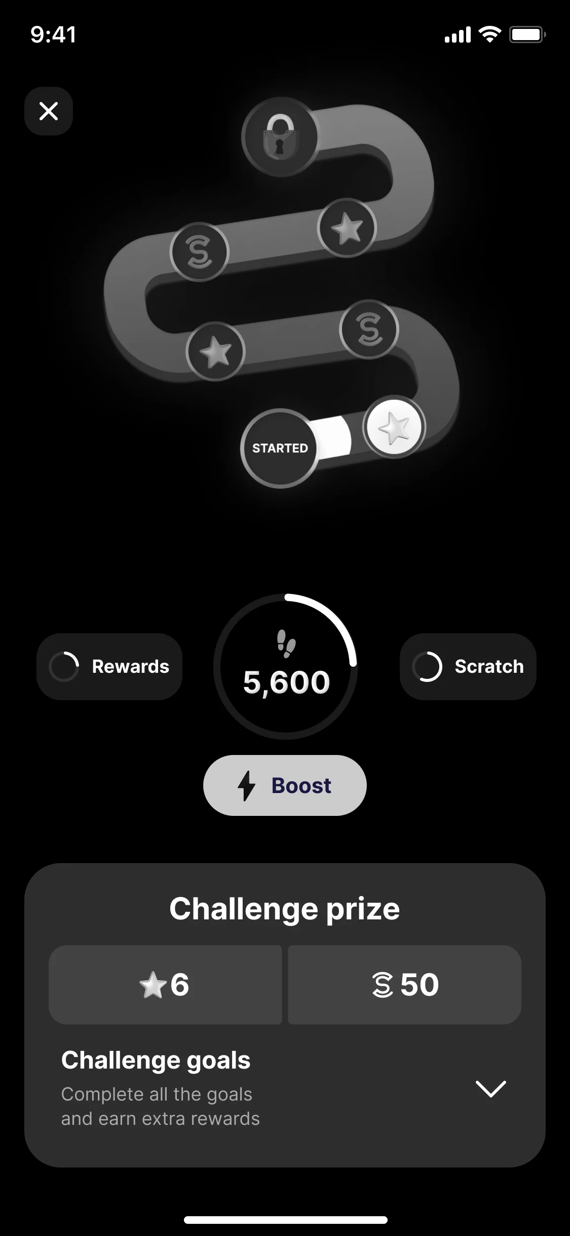 A winding track with a lock, coins and stars over the day's 5,600 steps; Challenge prize, 6 stars and 50 Sweatcoins; and Challenge goals