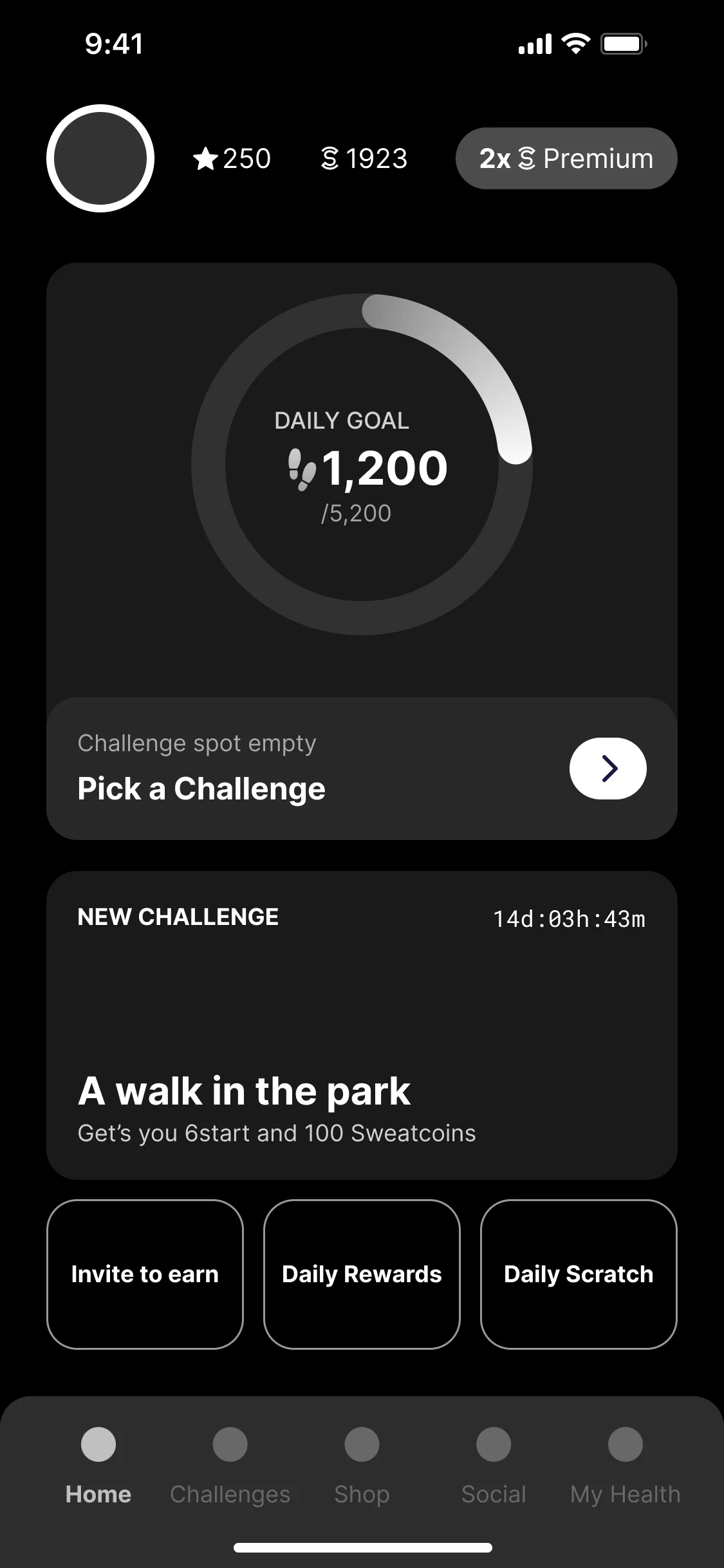 Home with no challenge: the daily goal's ring at 1,200 of 5,200 steps, Pick a Challenge, a new challenge, A walk in the park, and Invite to earn, Daily Rewards and Daily Scratch
