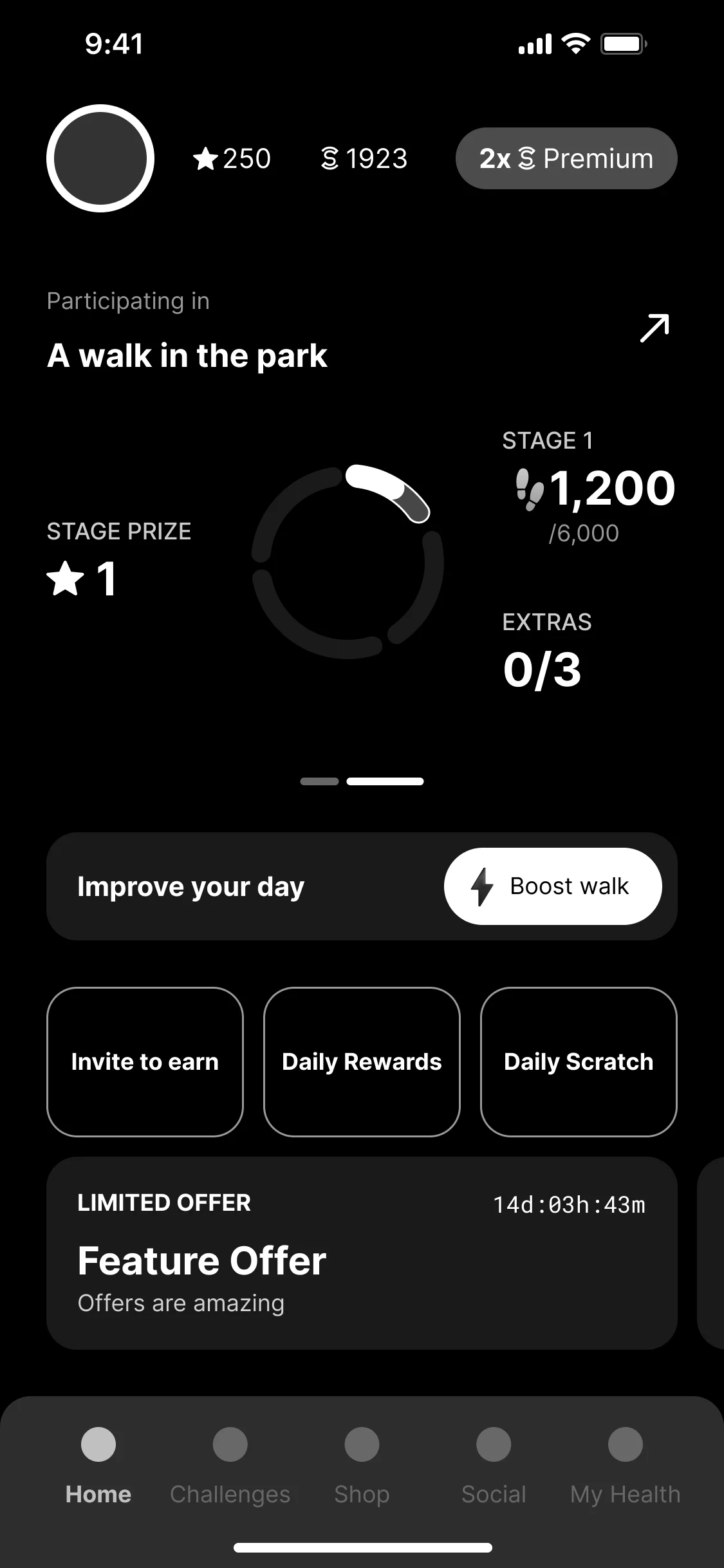 Home in a challenge, A walk in the park: stage 1 at 1,200 of 6,000 steps, a stage prize of one star, extras 0 of 3, Improve your day with Boost walk, and a limited offer