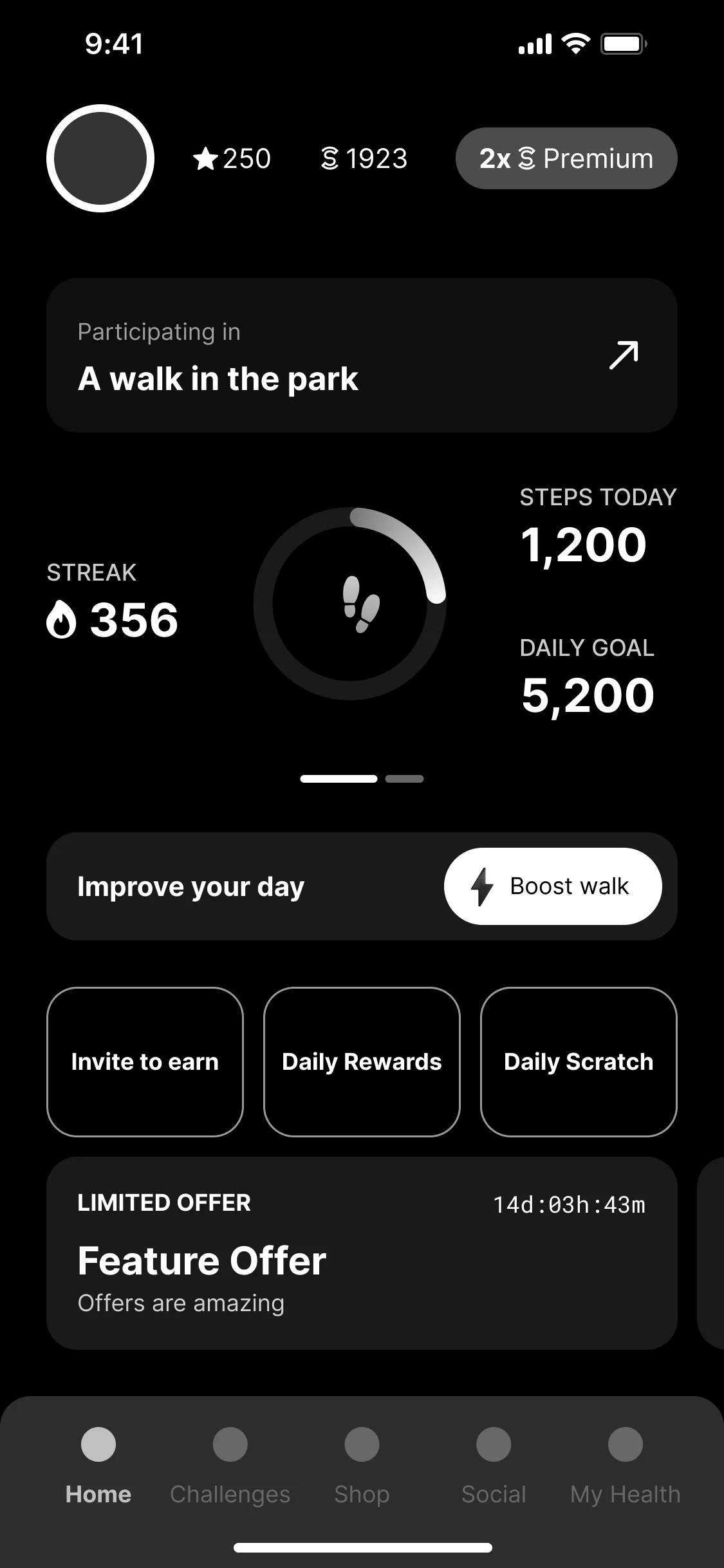 Home in a challenge: a streak of 356, 1,200 steps today, a daily goal of 5,200, Improve your day with Boost walk, and a limited offer