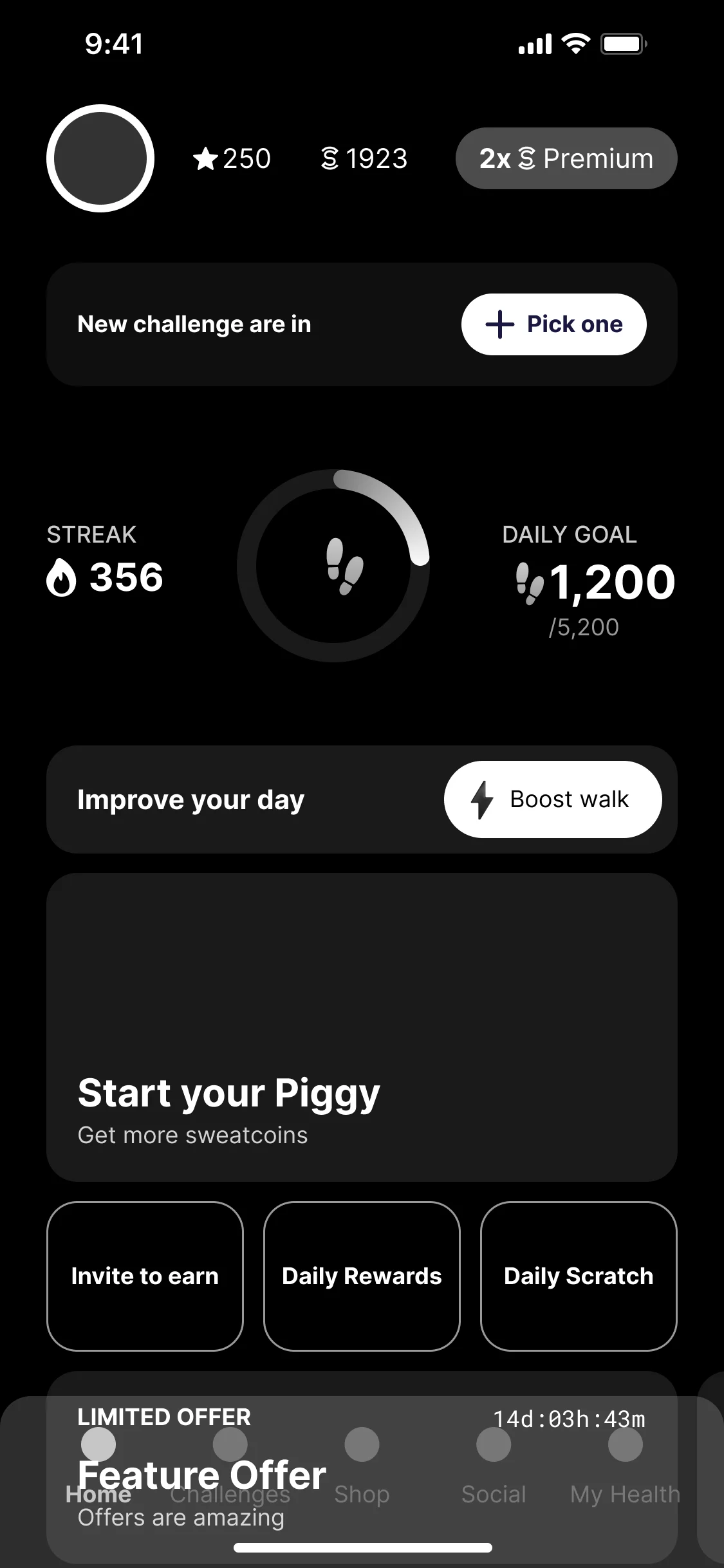 Home between challenges: New challenge are in, Pick one; a streak of 356, the daily goal at 1,200 of 5,200; Boost walk; and Start your Piggy