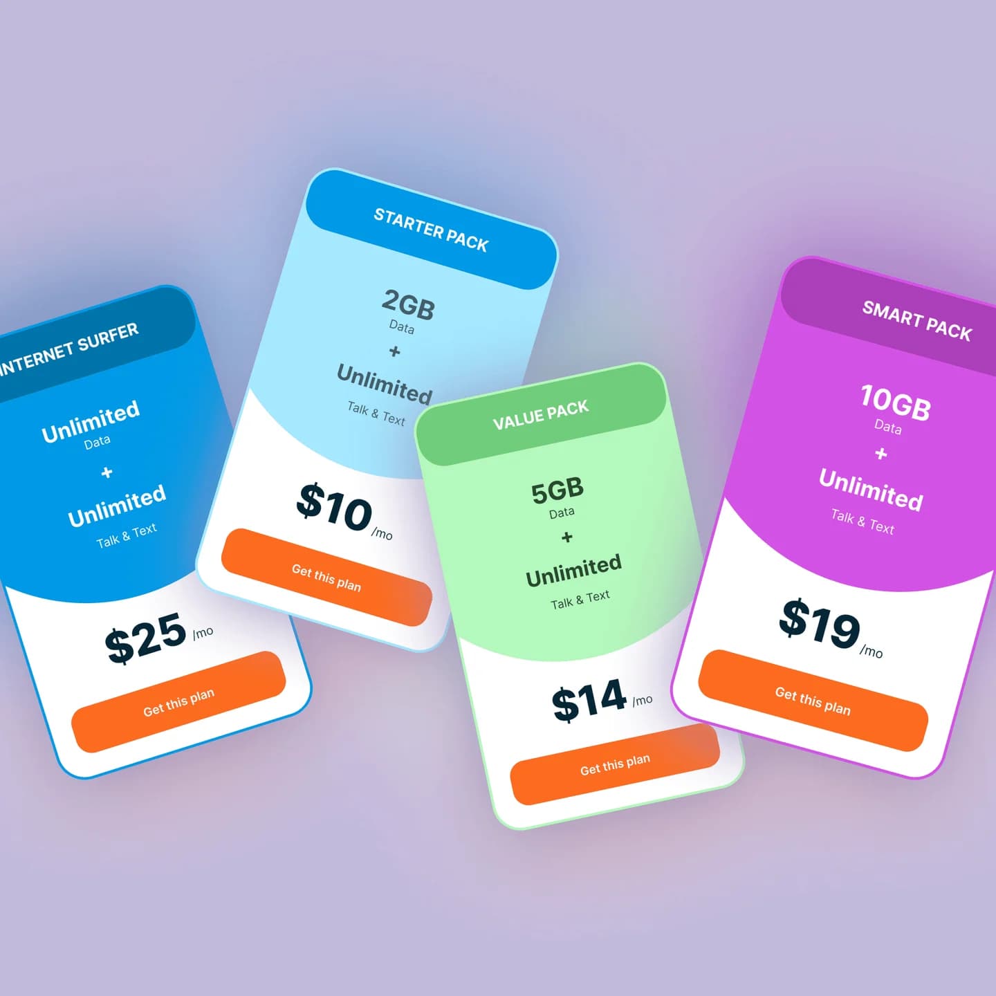 Four plans as cards, one colour each: Internet Surfer, Starter Pack, Value Pack and Smart Pack, each with its data, its price and a Get this plan button