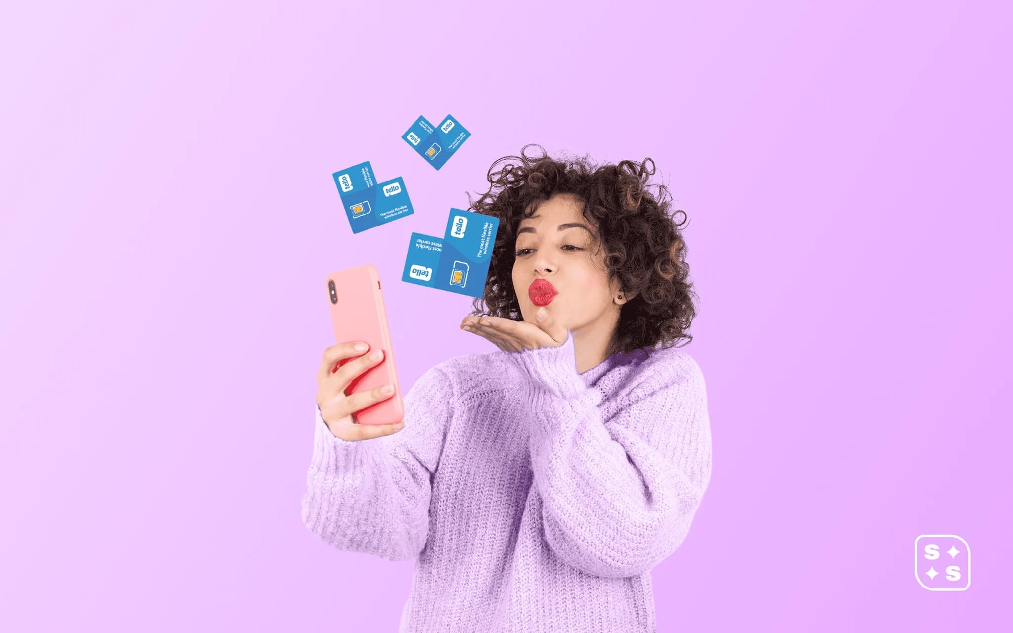 A woman in a lilac jumper blows a kiss at the phone in her hand; Tello SIM cards fly up from it