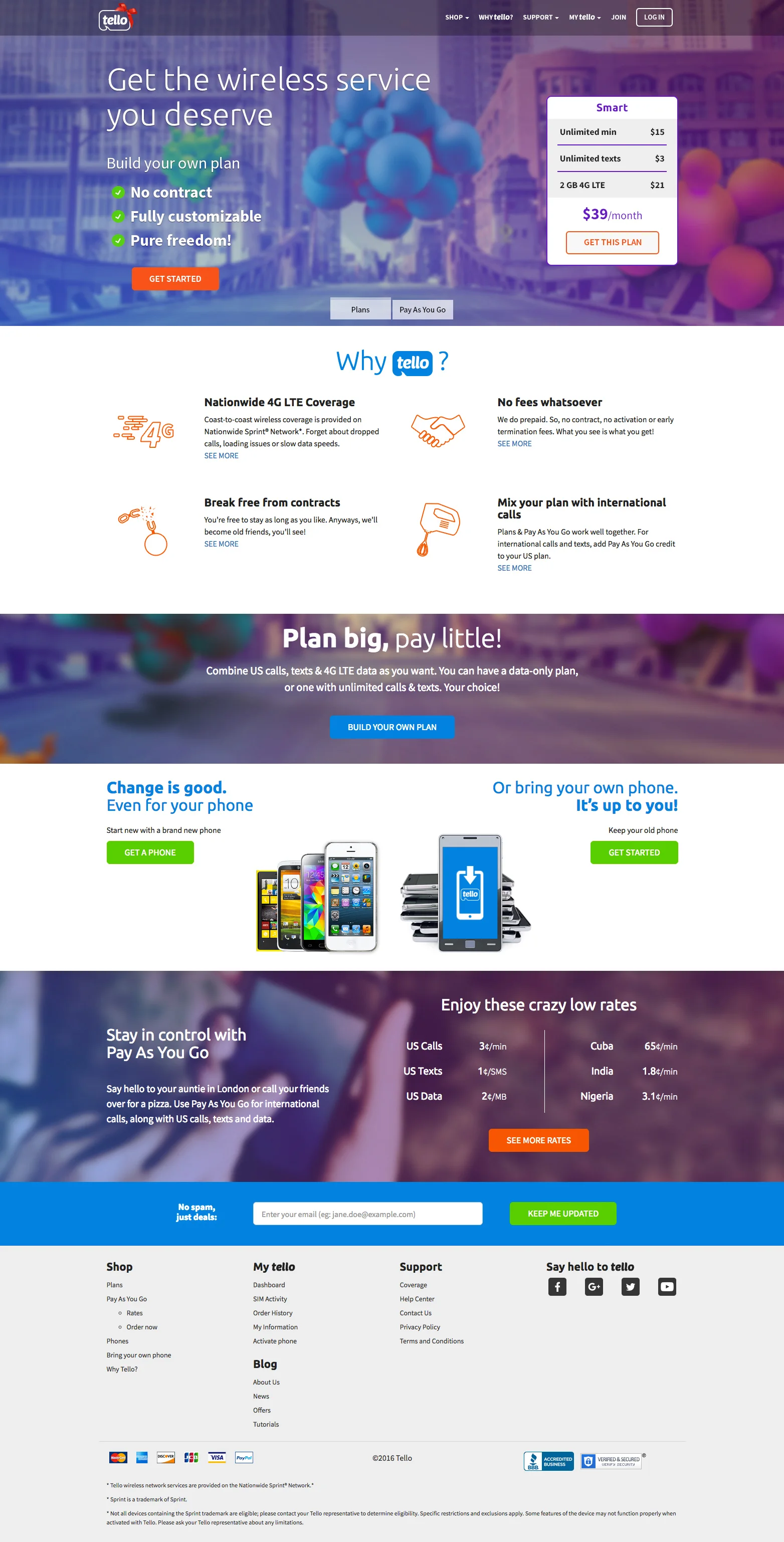 Tello's homepage in the browser: Get the wireless service you deserve, a Get started button and a plan with its price