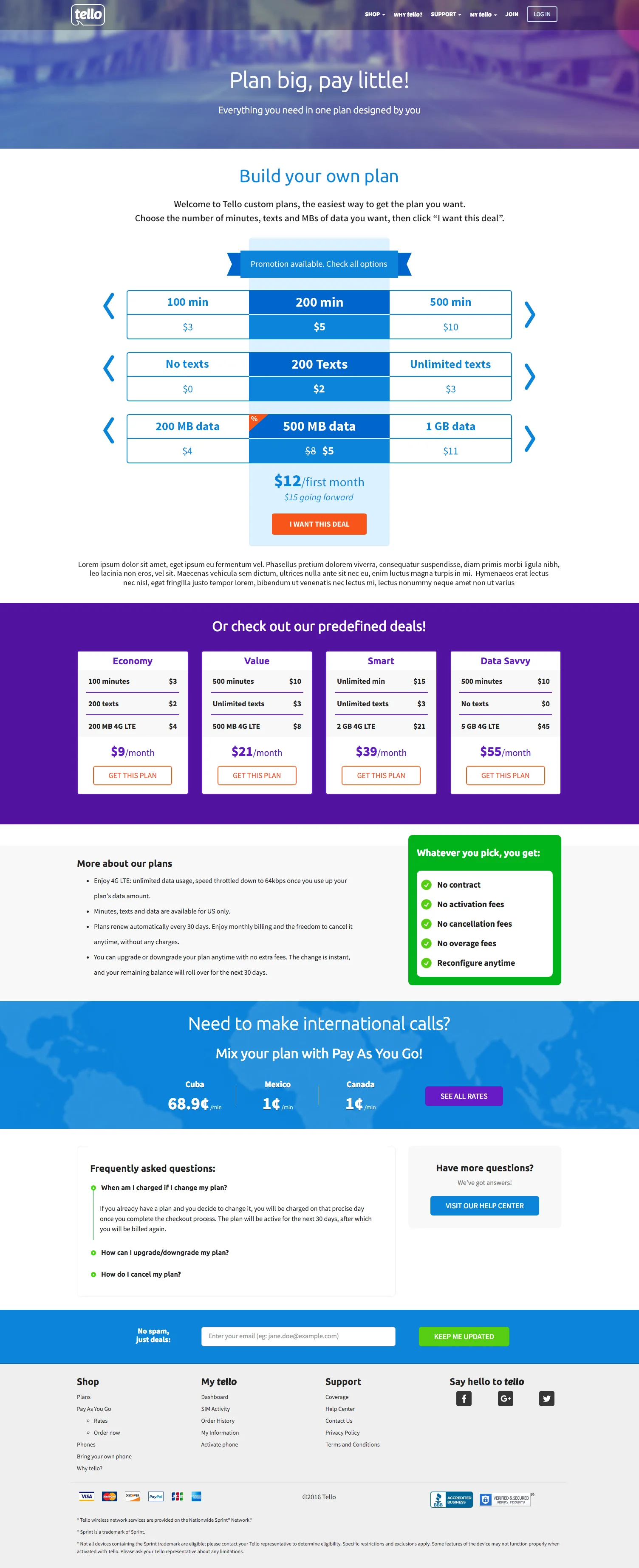 The Tello plans page in the browser: build your own plan, with rows for minutes, texts and data and the price under them