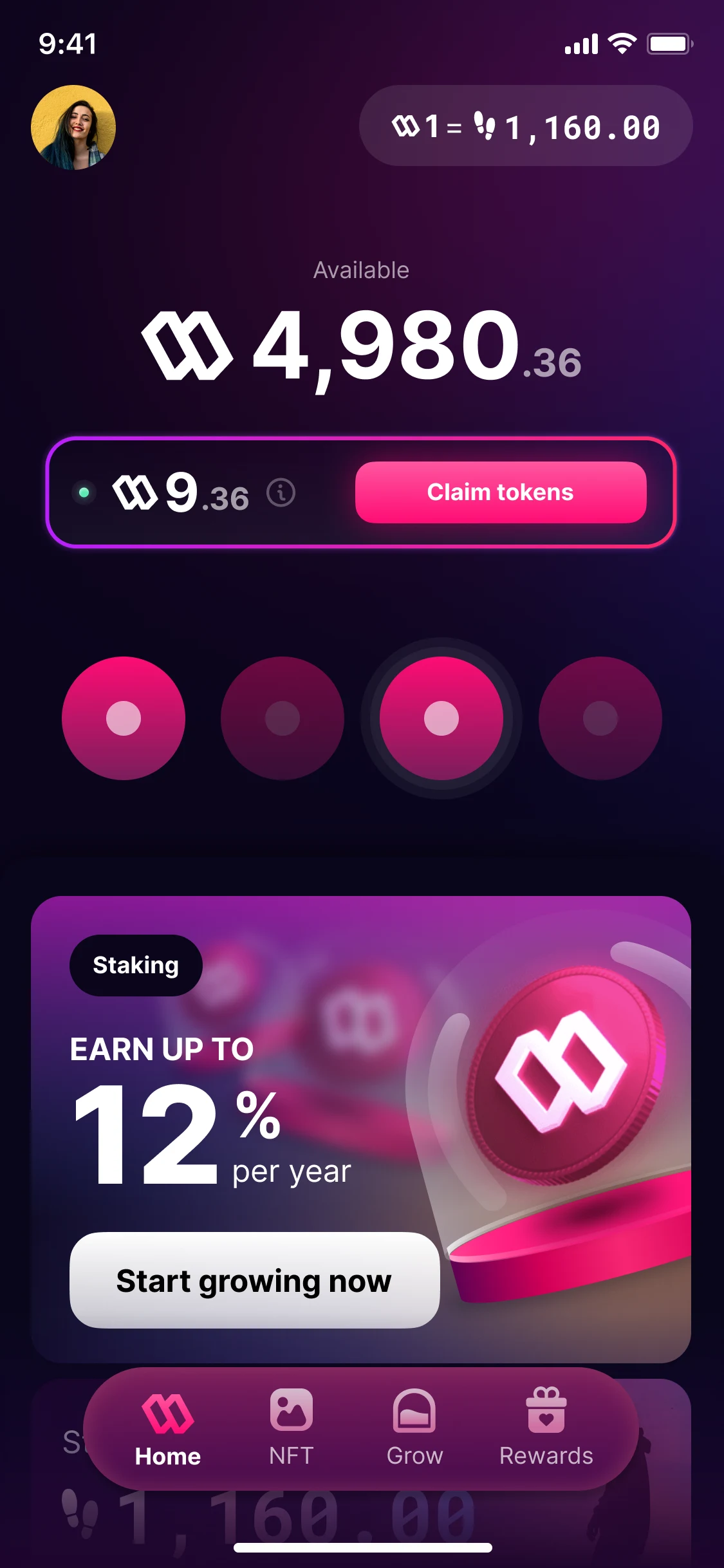 Home, version 1: 4,980.36 available, 9.36 to claim with a Claim tokens button beside it, and a staking offer of 12% a year