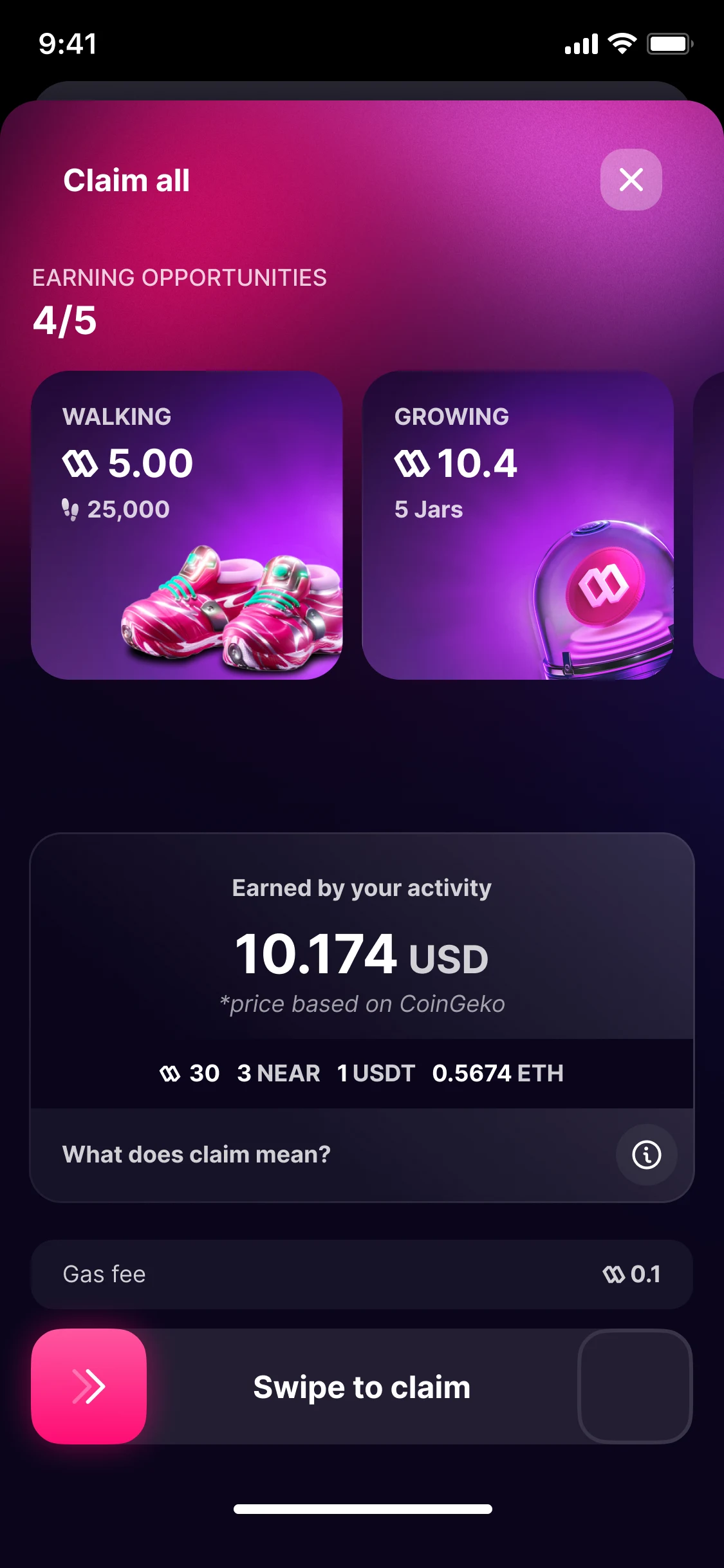 Claim all, version 3: four of five earning opportunities, walking and growing among them; 10.174 USD earned by your activity, a gas fee of 0.1, and Swipe to claim