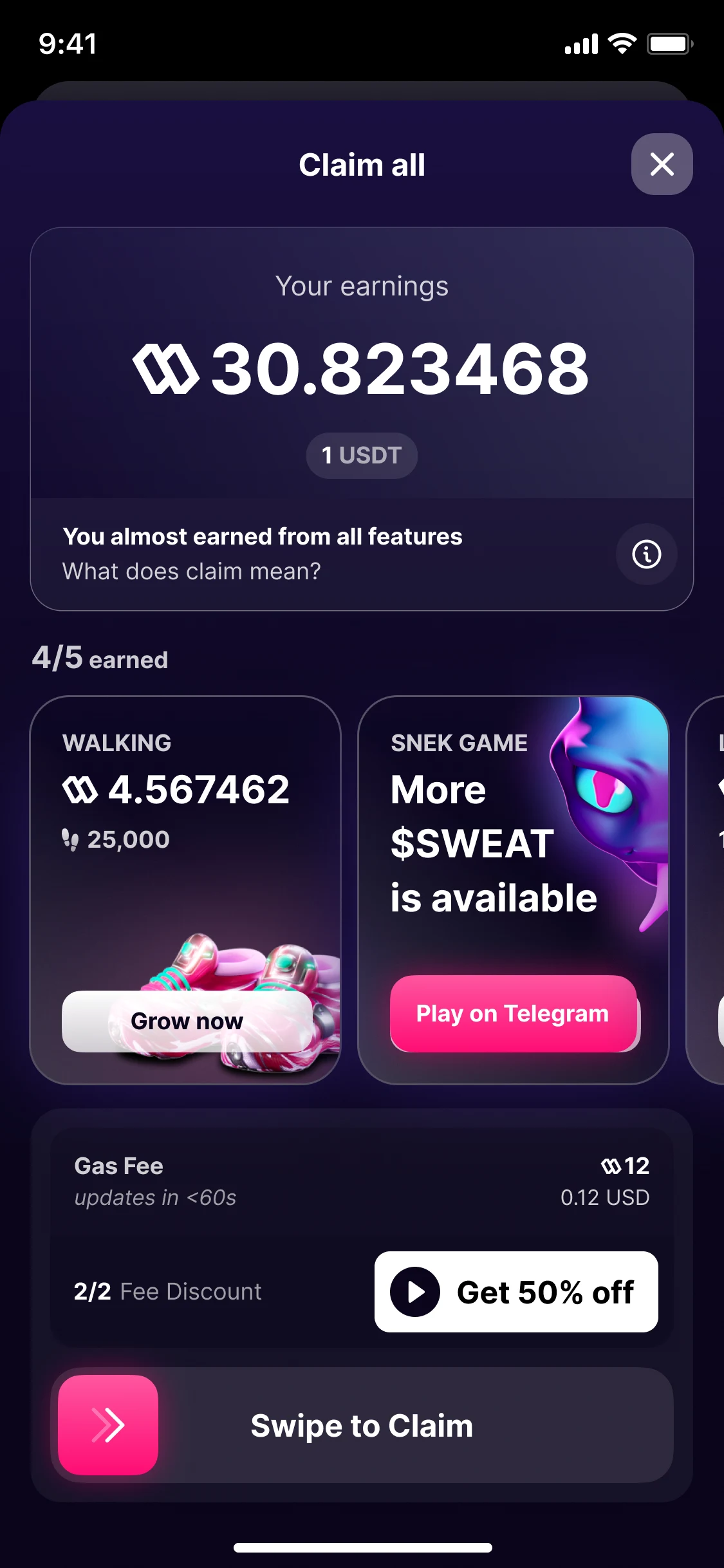 Claim all, version 4: your earnings, 30.823468; four of five earned, with more $SWEAT available in a game; a gas fee of 12 with 50% off on offer, and Swipe to Claim