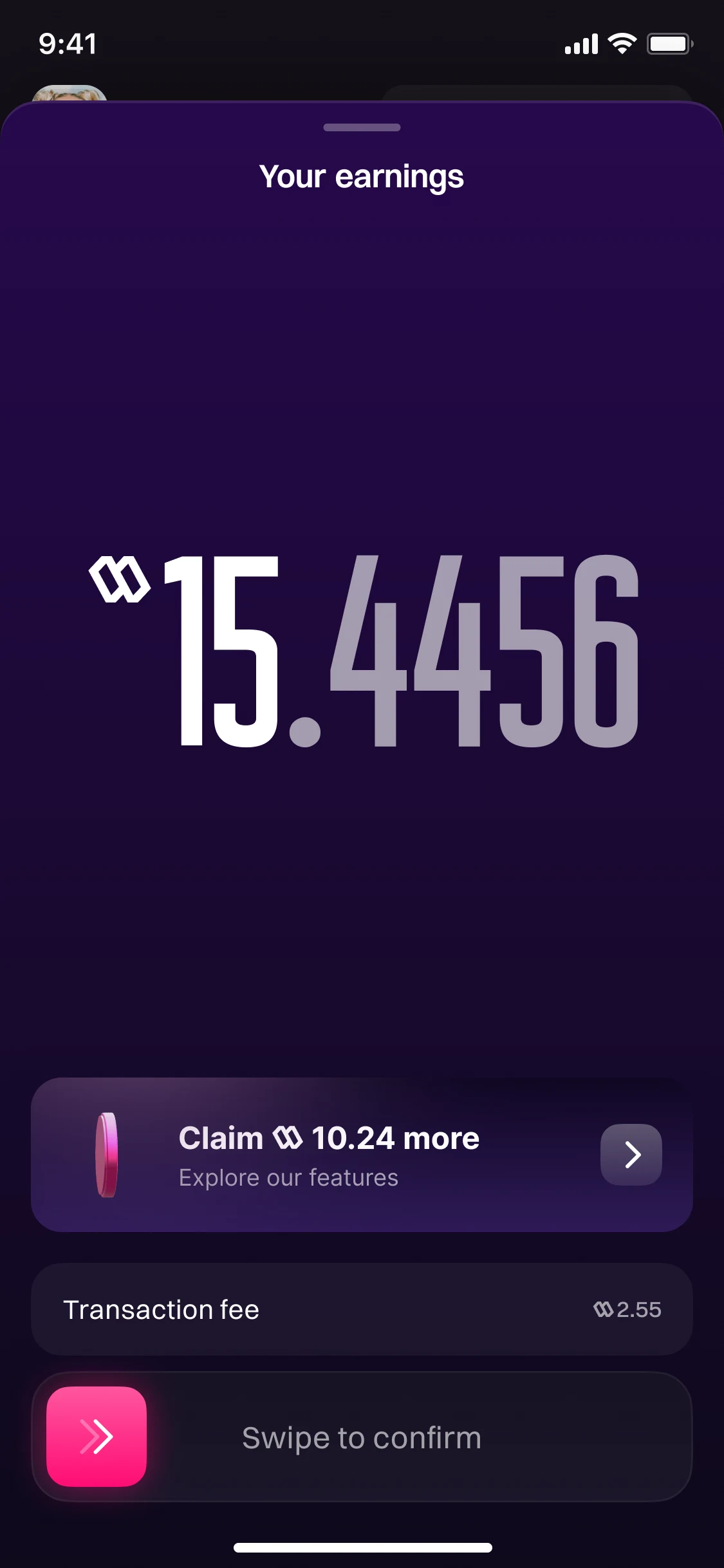 Your earnings, version 5: 15.4456, with 10.24 more to claim from the other features; a transaction fee of 2.55, and Swipe to confirm