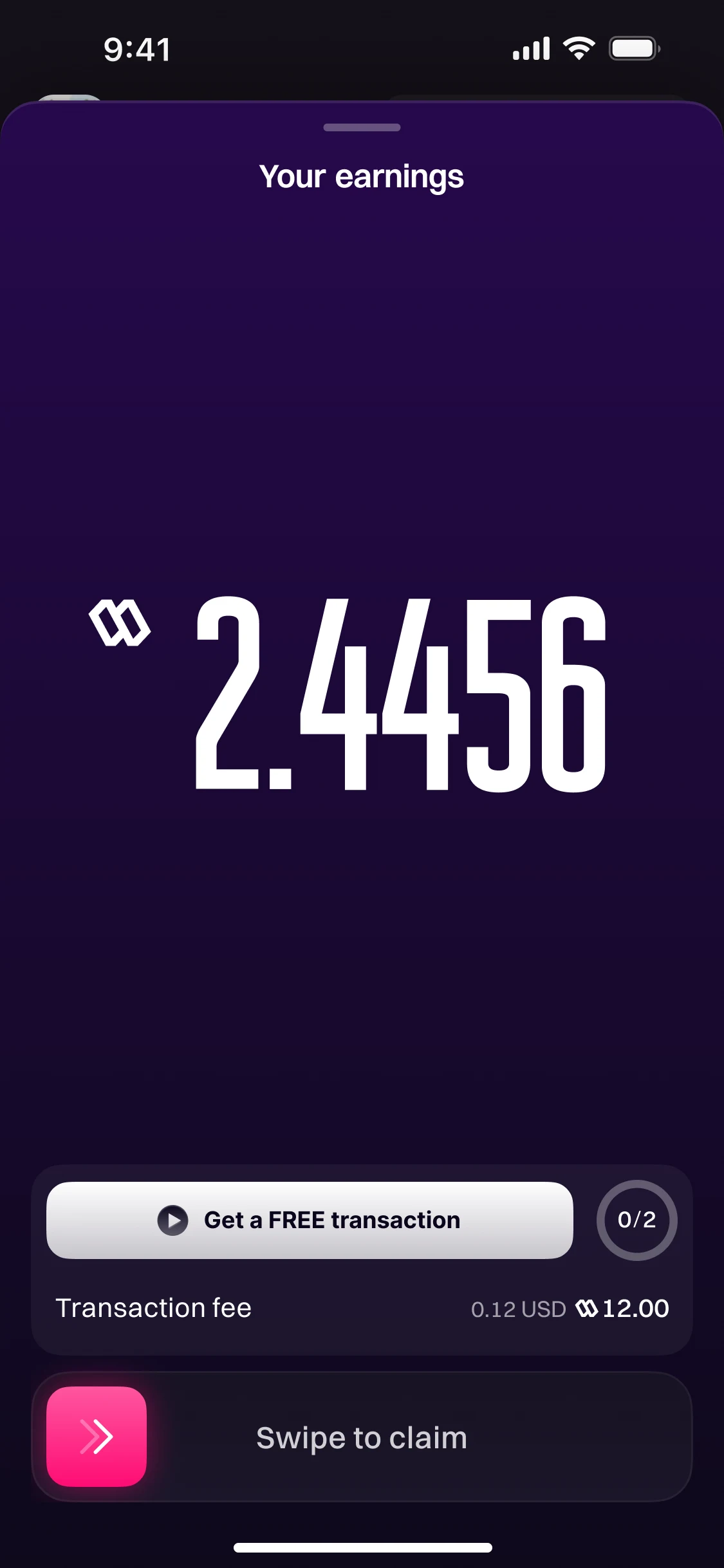 Your earnings, the live version: 2.4456, a button to get a free transaction, a transaction fee of 12.00, and Swipe to claim