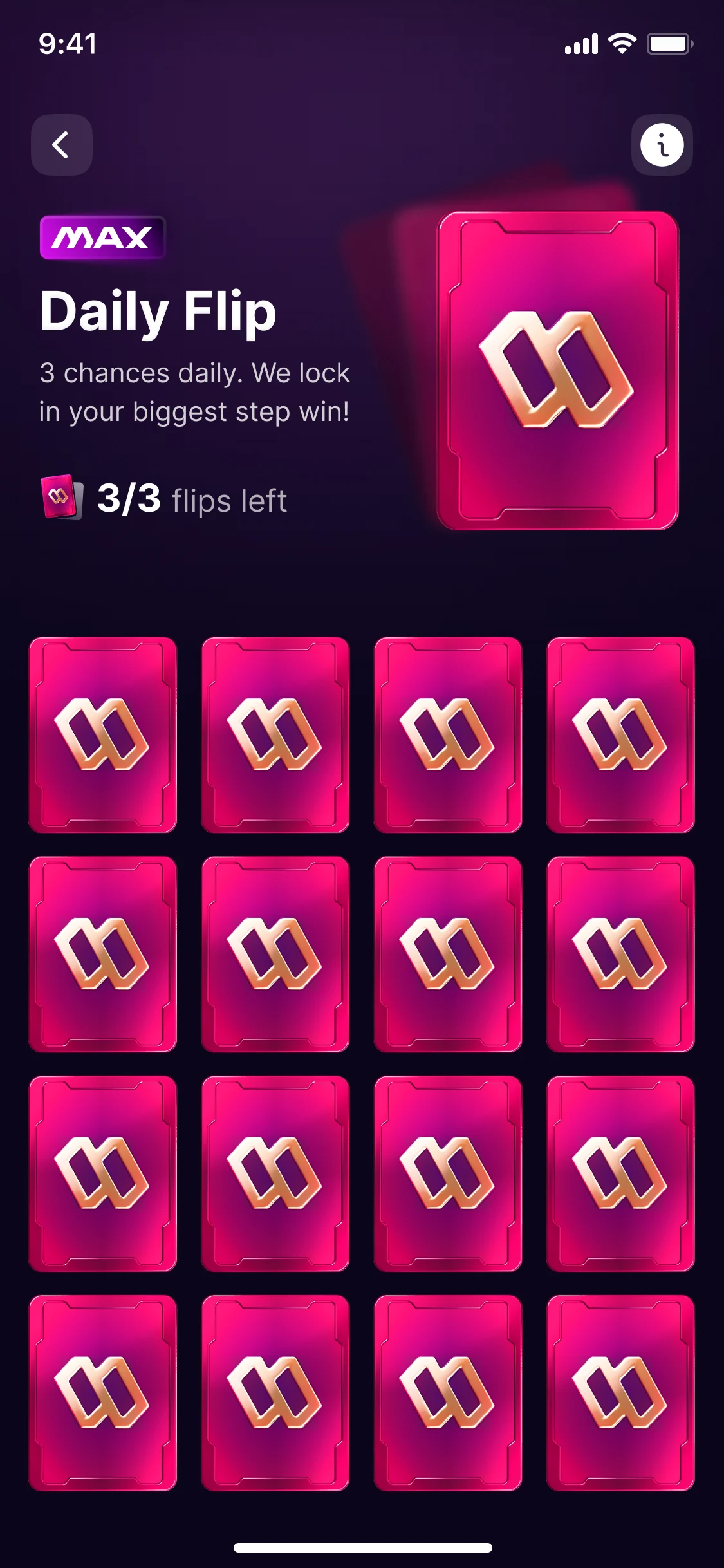 Daily Flip, before a card is turned: sixteen cards face down, three flips left