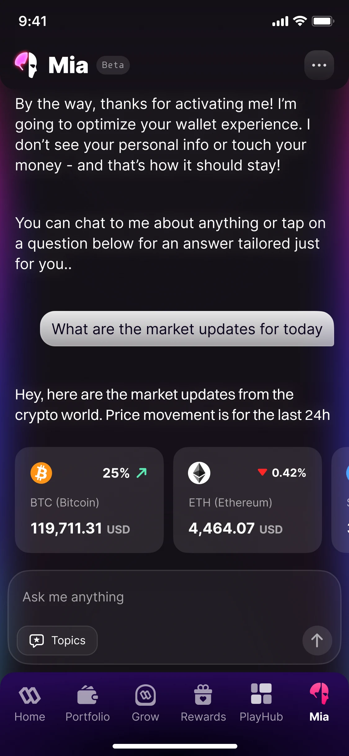 Mia, the assistant, in a chat: the day's market updates, Bitcoin and Ethereum with their prices, and a field to ask anything