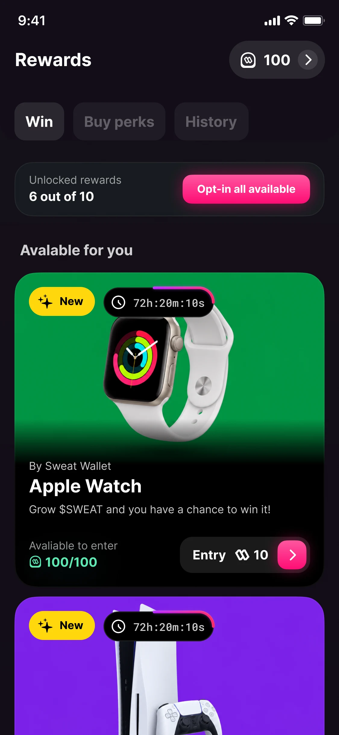 Rewards: 6 of 10 unlocked, Opt-in all available, and under Available for you two new prize draws, for an Apple Watch and a PlayStation 5