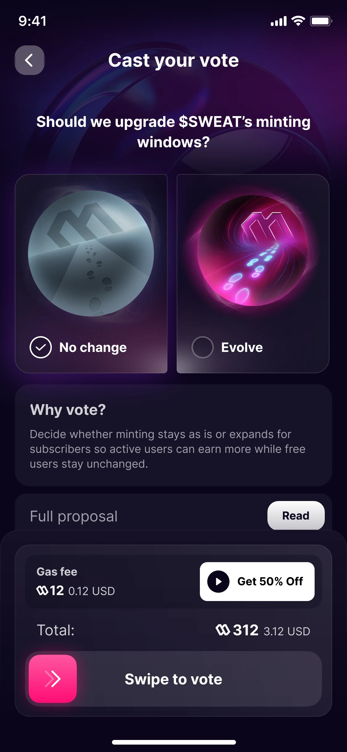 Cast your vote: should we upgrade $SWEAT's minting windows? No change or Evolve, why vote, the full proposal, and Swipe to vote