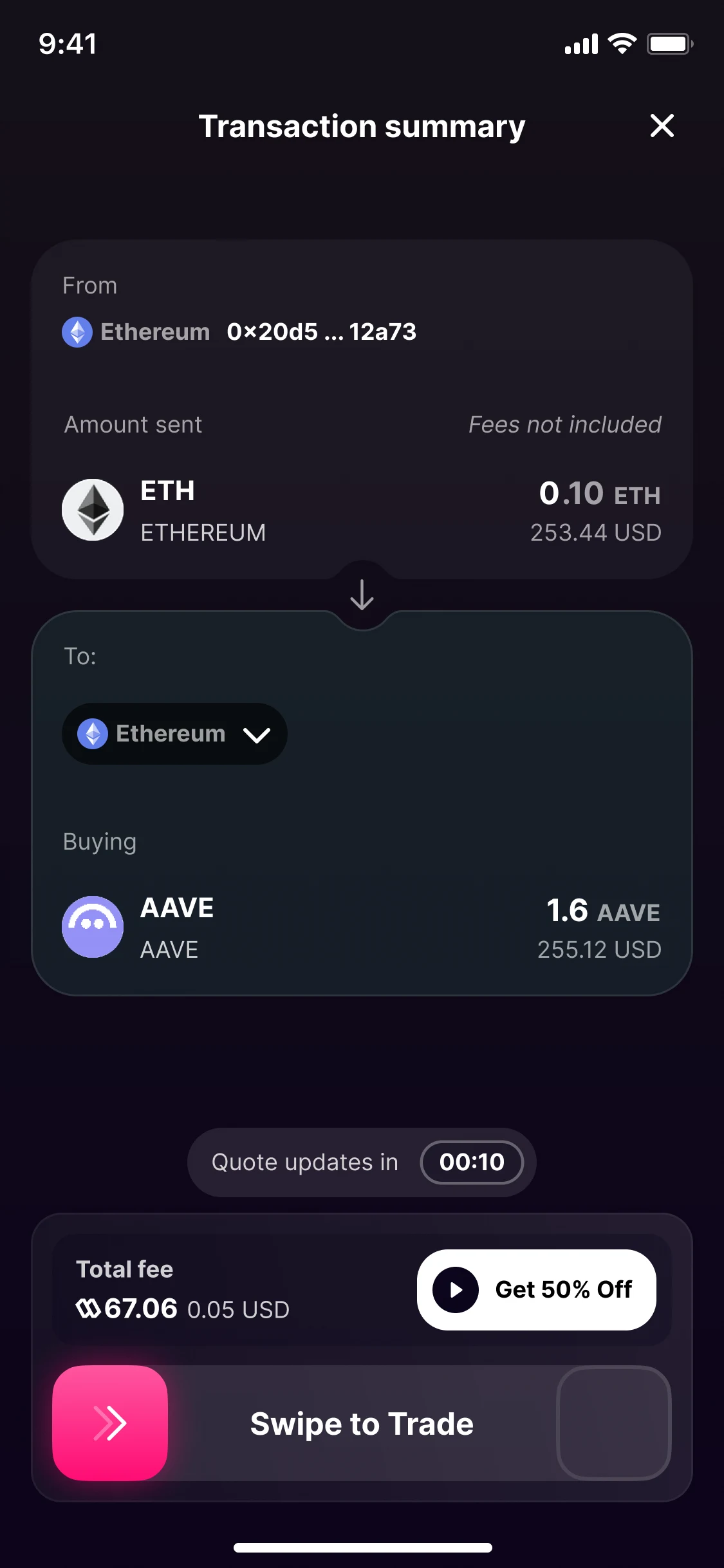 Transaction summary for trading 0.10 ETH for 1.6 AAVE, with a quote that updates in 10 seconds: a Get 50% Off button beside a total fee of 67.06, and Swipe to Trade