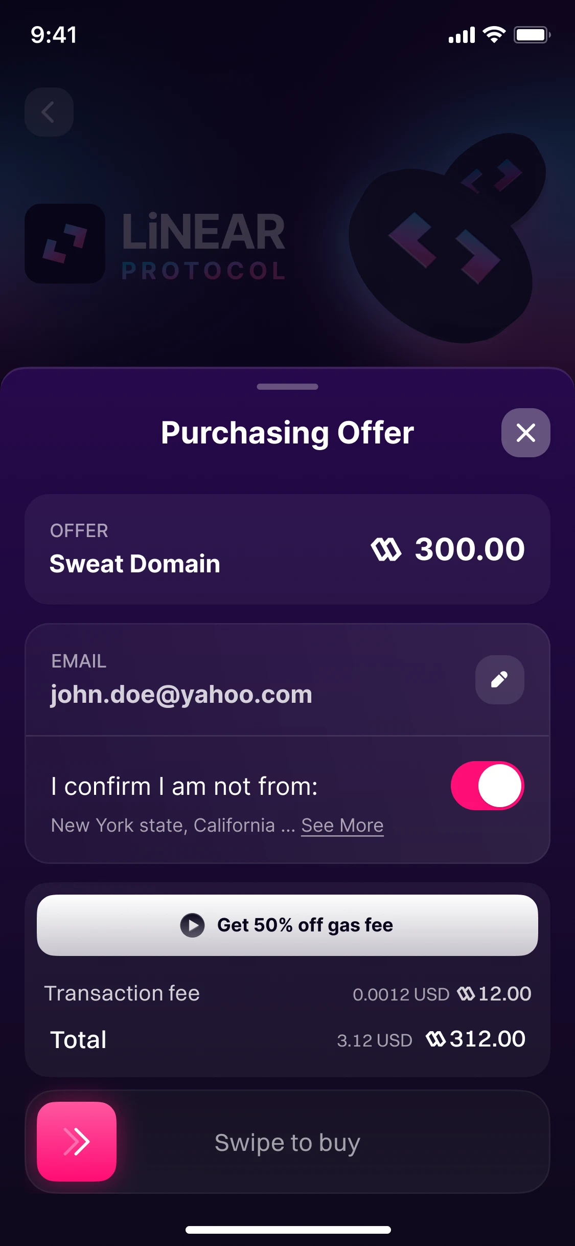 Purchasing Offer, a sheet over a partner's page: Sweat Domain for 300.00, an email address, and a Get 50% off gas fee button over the transaction fee and the total