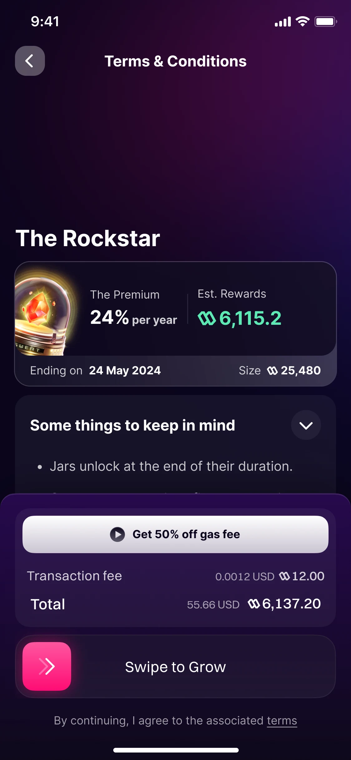 Terms and Conditions of a jar, The Rockstar: a Get 50% off gas fee button over the transaction fee and the total, and Swipe to Grow