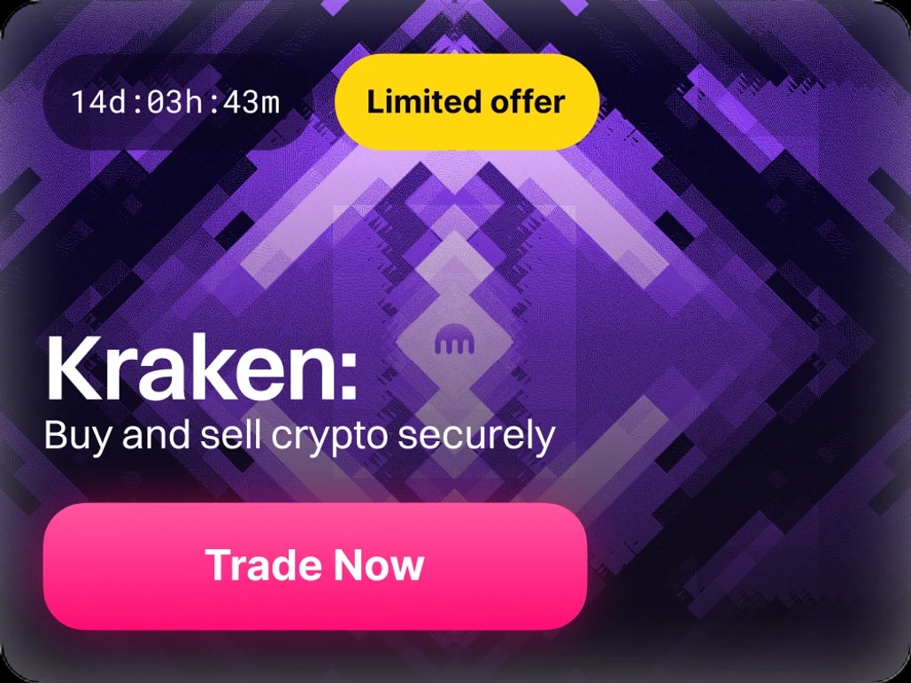 Kraken's card, a limited offer with a countdown: Kraken: Buy and sell crypto securely, and a Trade Now button