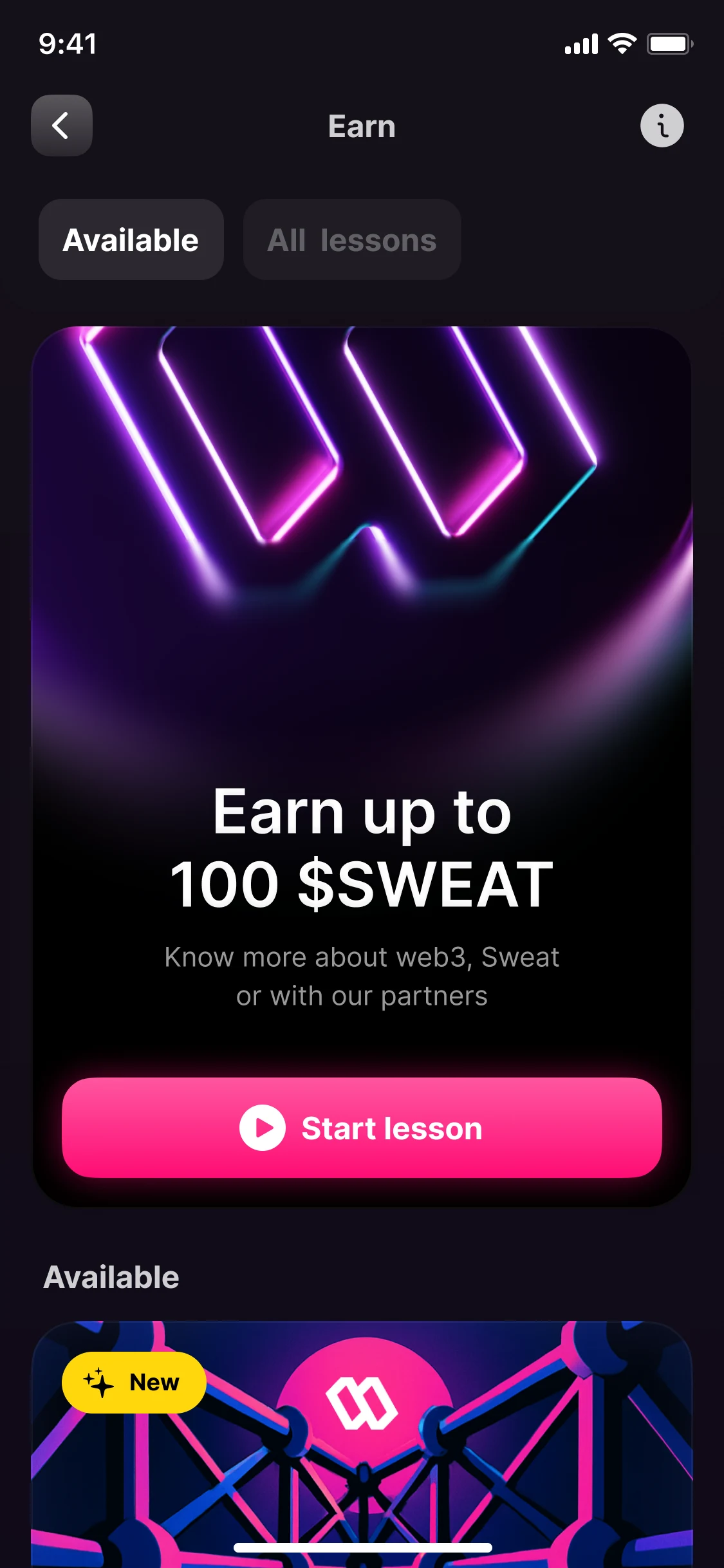 Earn: Earn up to 100 SWEAT, Know more about web3, Sweat or with our partners, with a Start lesson button