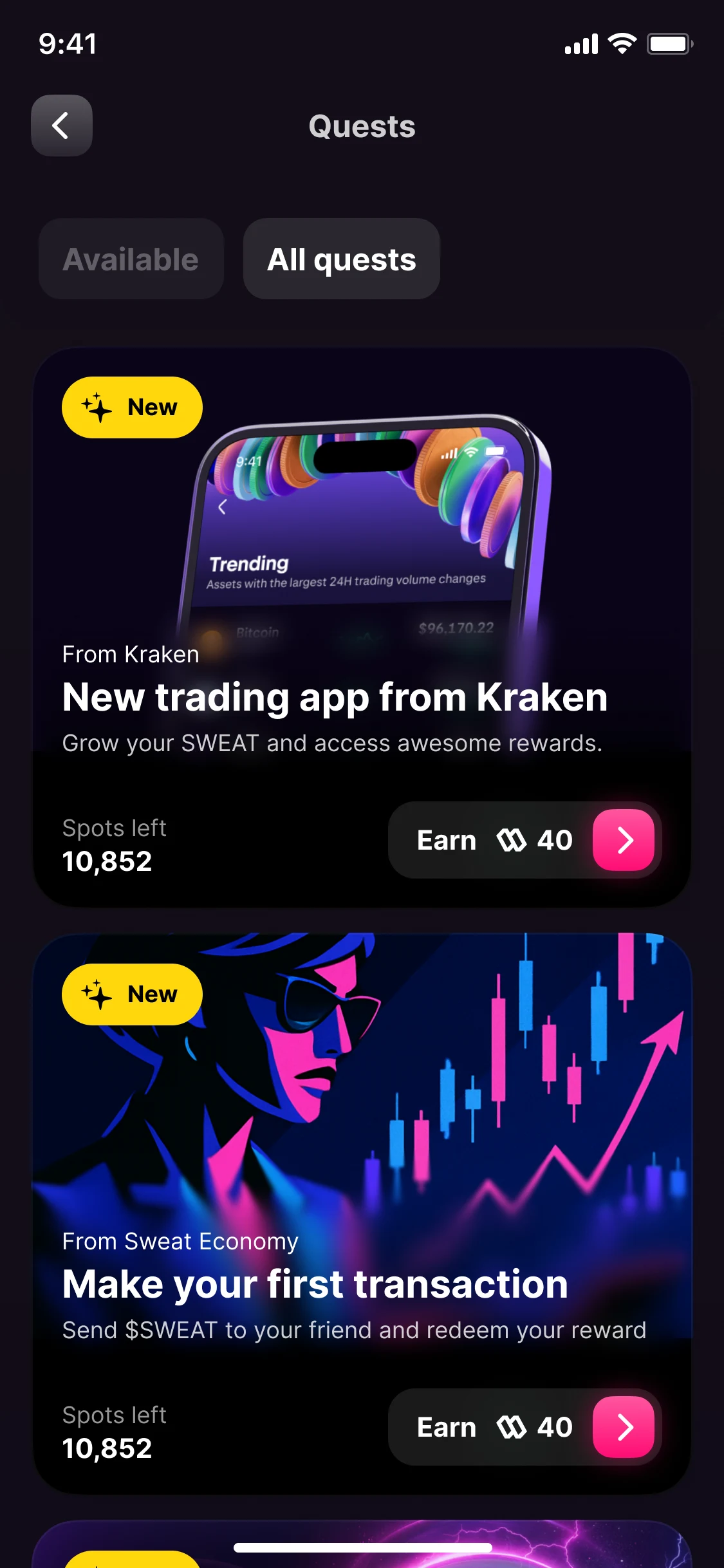 Quests: New trading app from Kraken and Make your first transaction, each earning 40 SWEAT, with the spots left