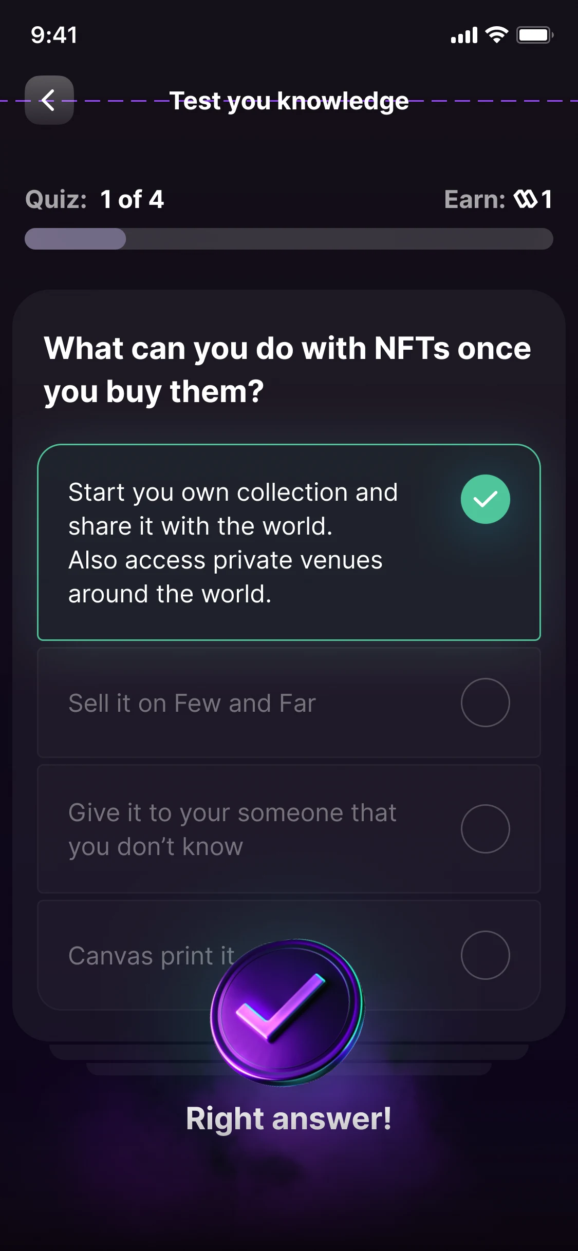 Test your knowledge, quiz 1 of 4: a question with four answers, the right one ticked, and Right answer!