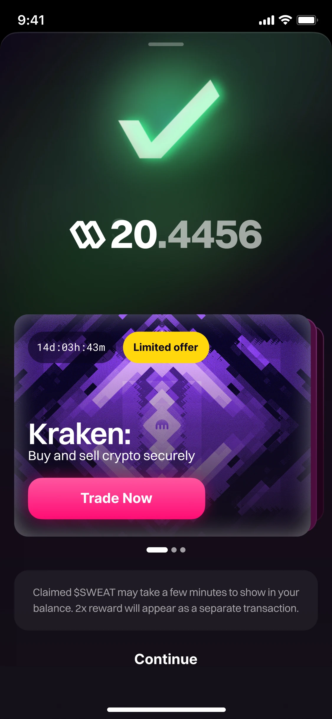 A reward of 20.4456 SWEAT claimed, Kraken's card under it, and Continue