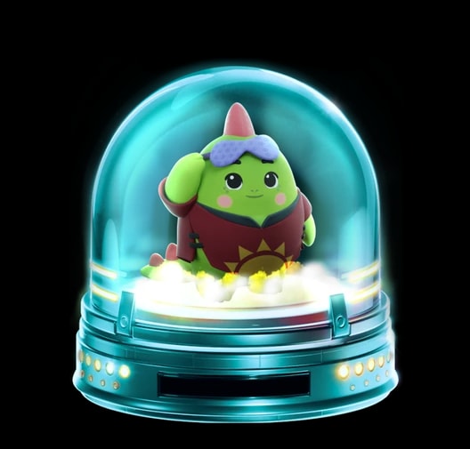 A partner's jar: a teal dome over a green creature in goggles, on a cloud
