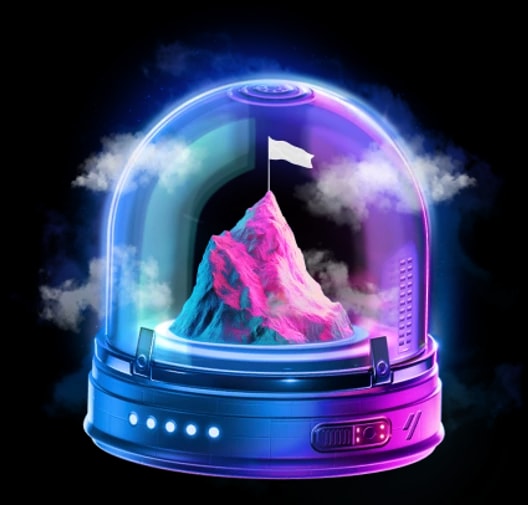 A partner's jar: a blue and purple dome over a pink mountain with a flag, clouds round it