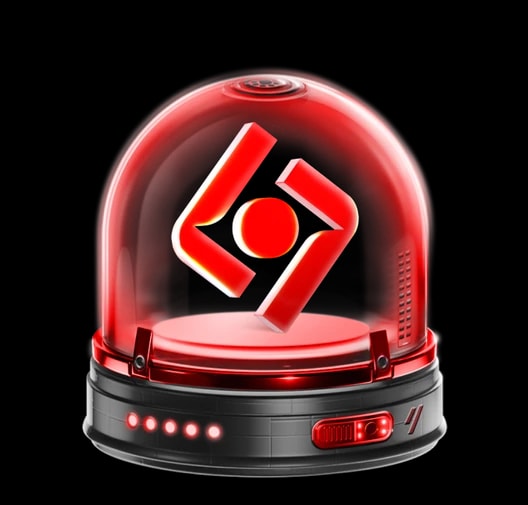 A partner's jar: a red dome over a red and white mark, on a black base