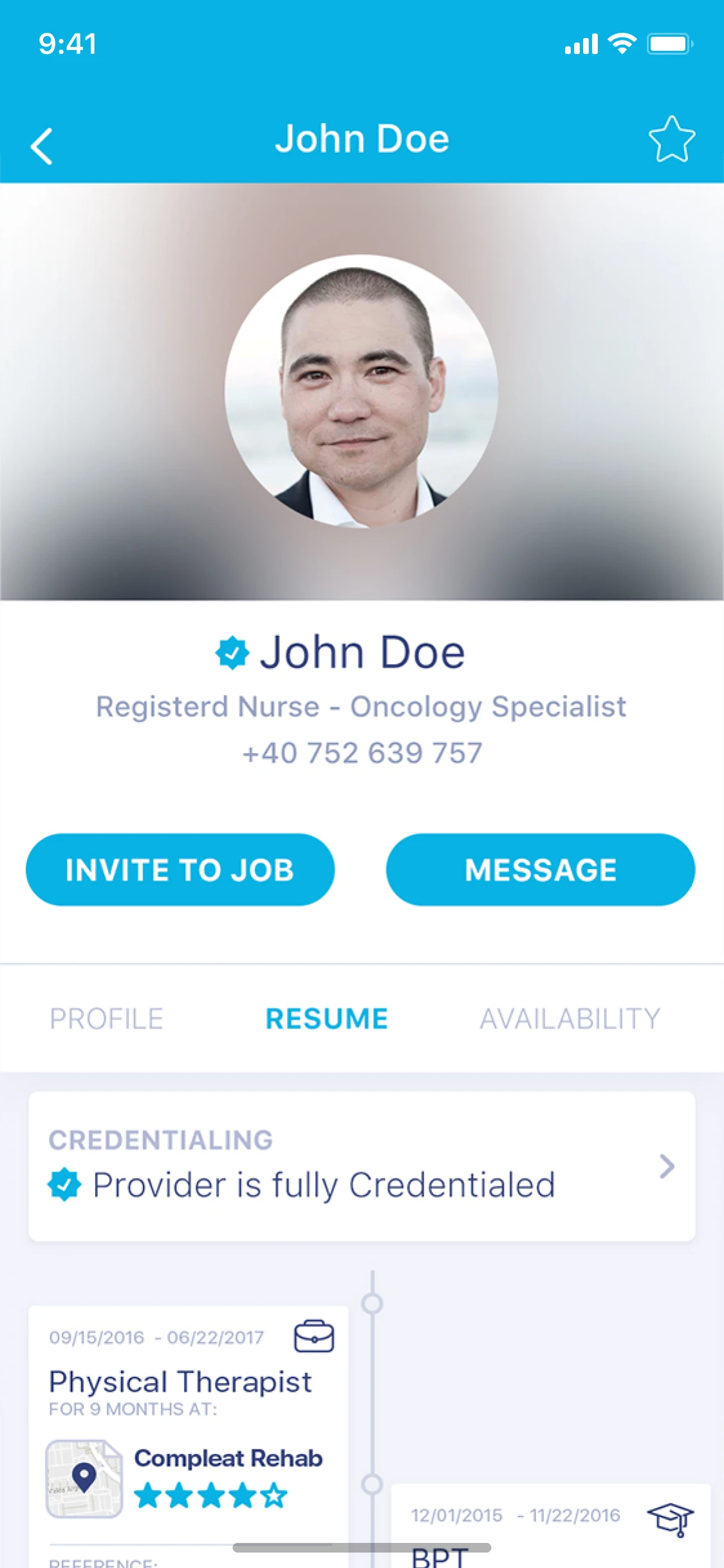 A provider's profile: photograph, name, speciality, Invite to job and Message buttons